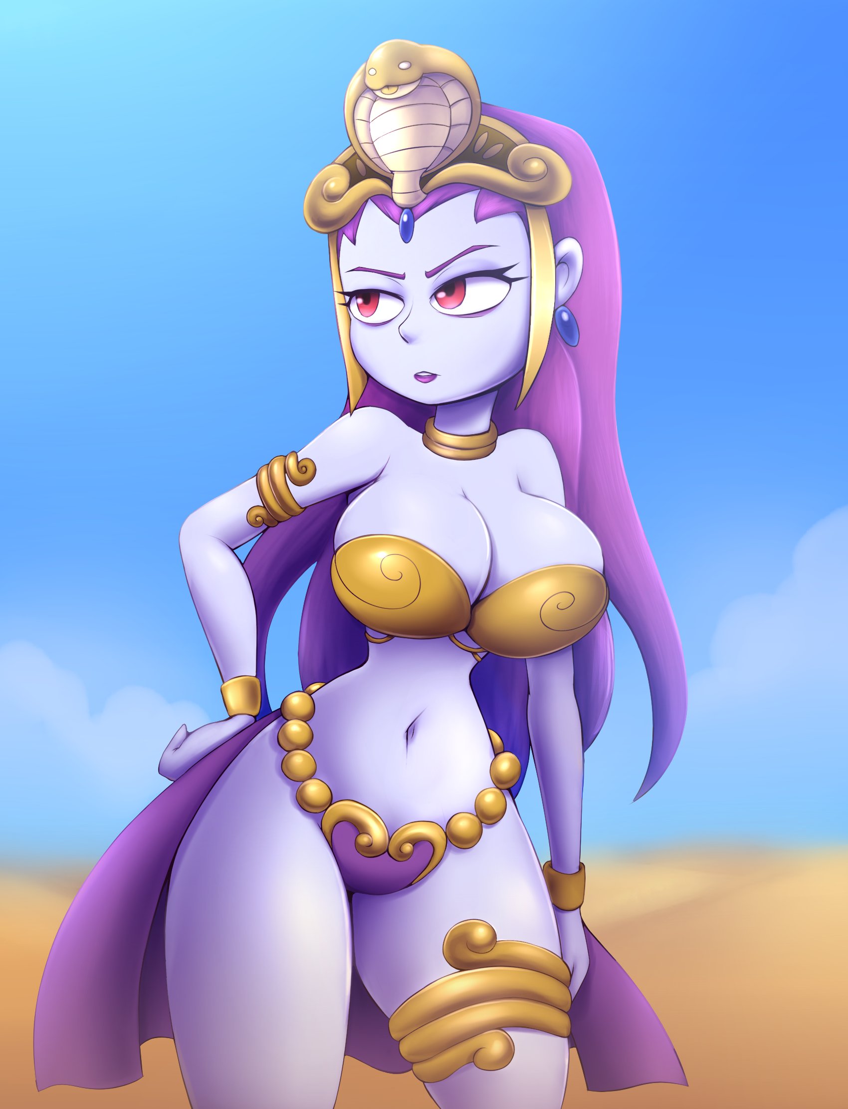 1girls, alternate costume, arabian clothes, armlet, bare shoulders, belly dancer, belly dancer outfit, bracelet, breasts, collar, dancer outfit, desert, earrings, eyelashes, female, female only, forehead jewel, gold, gold jewelry, hair ornament, half-closed eyes, hand on hip, harem outfit, headdress, jewelry, large breasts, lipstick, long hair, looking to the side, metachoke, outdoors, purple hair, purple lipstick, purple skin, red eyes, revealing clothes, risky boots, shantae, smooth skin, solo, solo female, strapless, thighlet, tiara, wayforward, wide hips, wristband