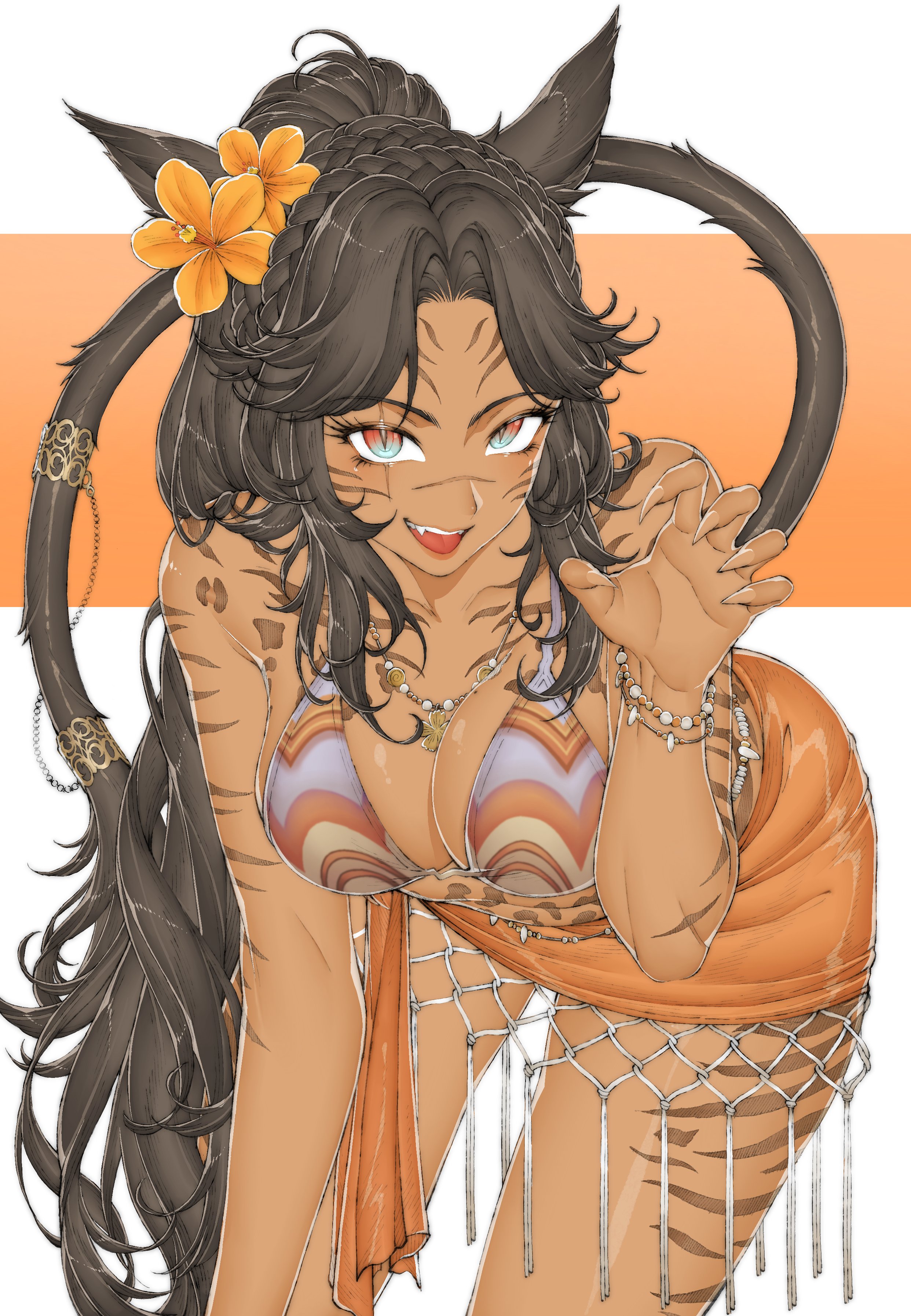 bikini, claw pose, cleavage, cute fang, dark skin, dark-skinned female, female, female only, final fantasy xiv, flower in hair, kemonomimi, makudonarudo, miqo'te, tail, tiger stripes