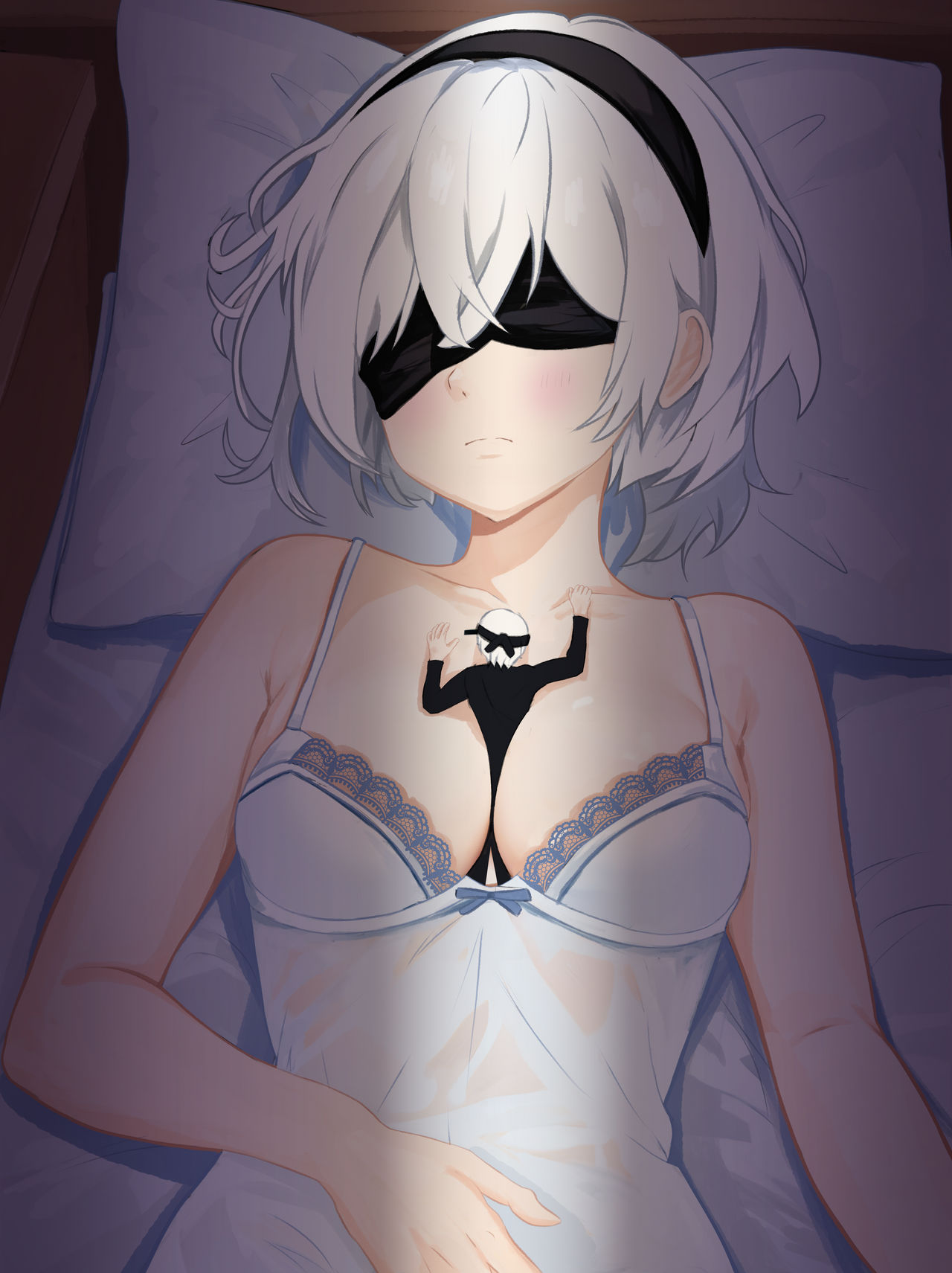1boy, 1girls, bed, between breasts, blindfold, breasts, female, giantess, hairband, light skin, light-skinned female, light-skinned male, lying on back, macro, male, micro, nier, nier: automata, short hair, size difference, solacraft, white hair, yorha 2b, yorha 9s