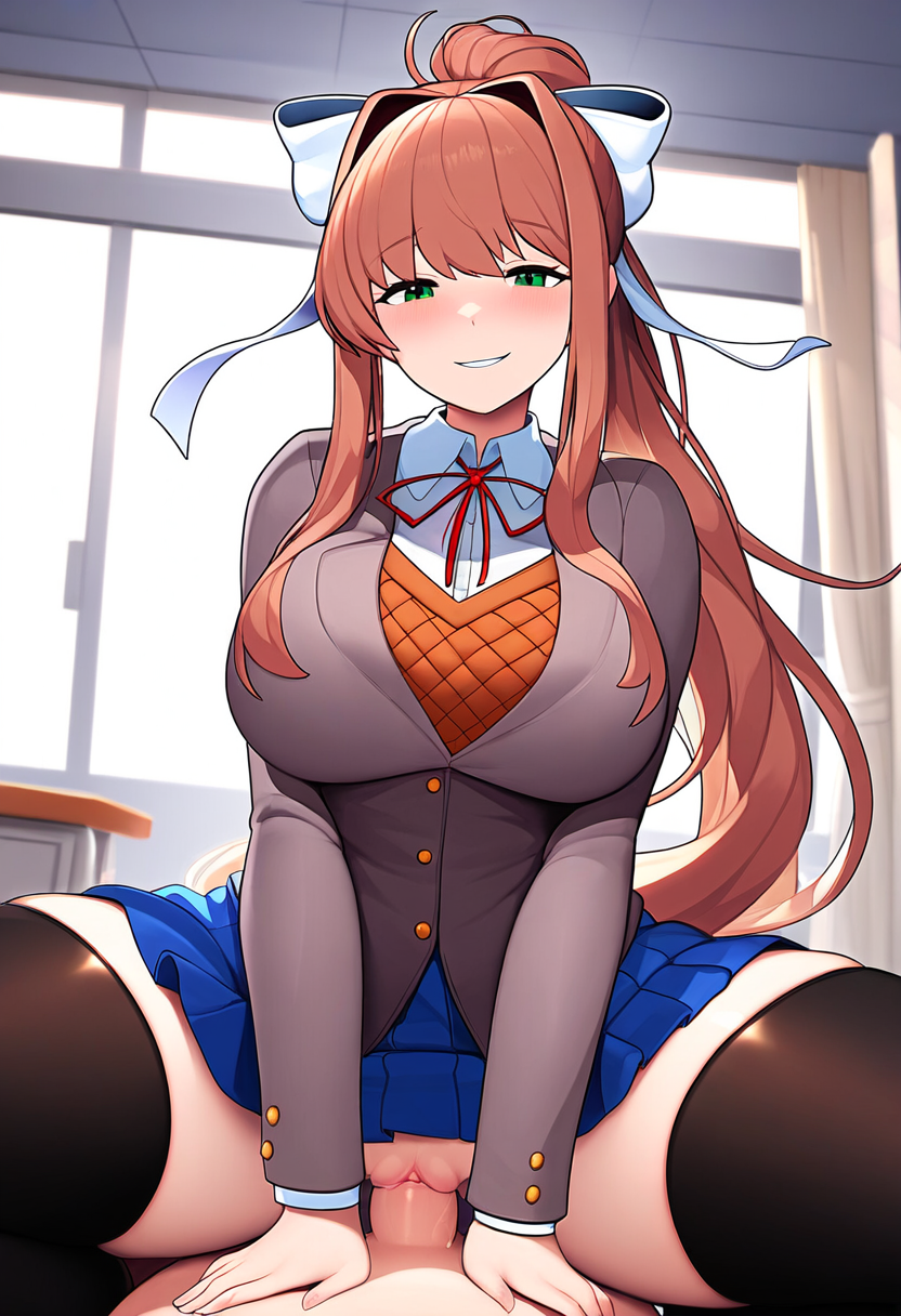 ai generated, black thighhighs, blazer, blue skirt, brown hair, clothed female nude male, clothed sex, cowgirl position, doki doki literature club, female, green eyes, grin, hair ribbon, long hair, male, monika (doki doki literature club), nai diffusion, ponytail, pussy, school uniform, sex, smile, smug, straight, vaginal penetration, white ribbon