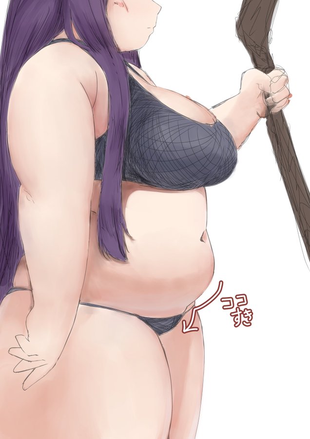 ass, bbw, belly focus, belly overhang, big belly, big breasts, big female, blush, breasts, chubby, chubby female, embarrassed, fat, fat ass, fat female, fat fetish, fatty, female, fern (sousou no frieren), giantess, large female, mini giantess, obese, obese female, overweight, overweight female, panties, plump, pork chop, sousou no frieren, thick thighs, tubby, weight gain