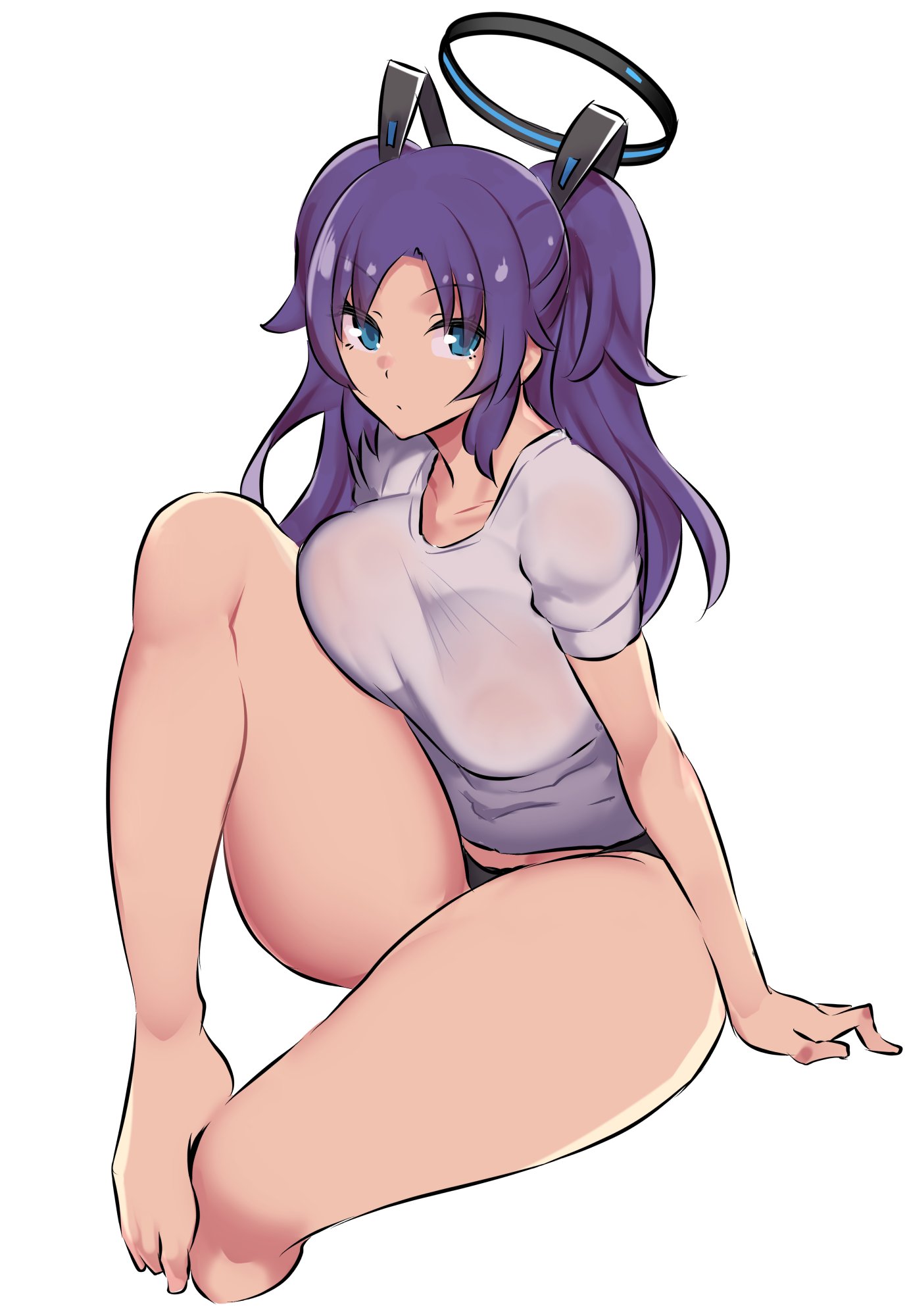 1girls, blue archive, blue eyes, blue hair, breasts, female, gym clothes, gym uniform, hi res, huge breasts, light skin, light-skinned female, long hair, millennium science school student, nac000, seminar (blue archive), simple background, sportswear, thick thighs, yuuka (blue archive)