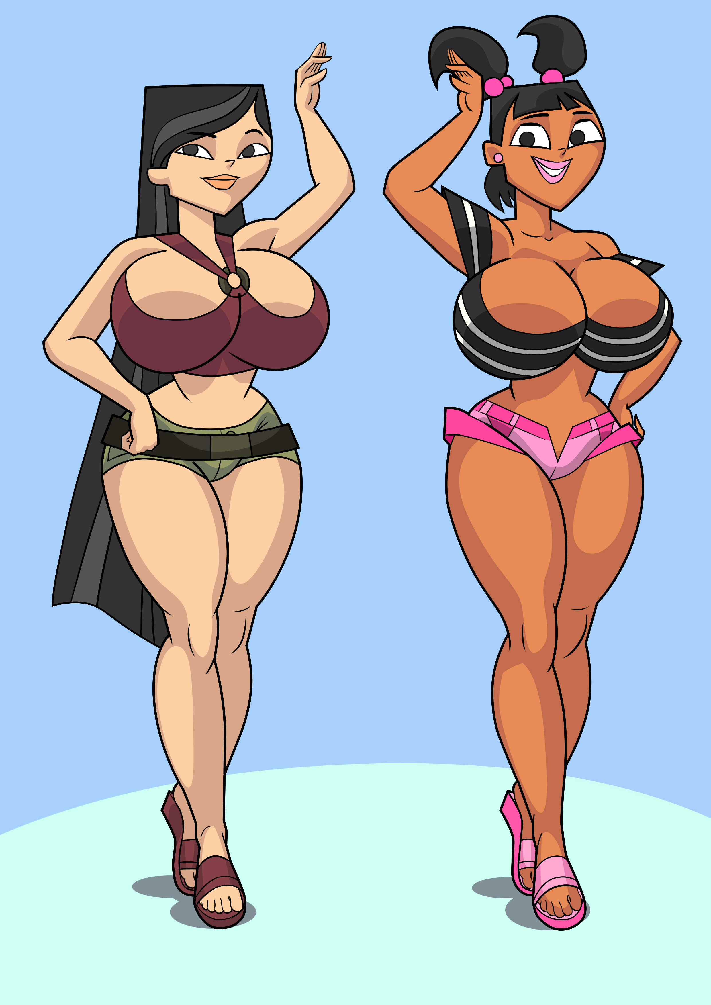 2girls, african female, art-2u, big breasts, bimbo, breasts, cleavage, curvaceous, curvy, edit, female, female only, heather (tdi), huge breasts, katie (tdi), multiple females, multiple girls, sandals, short shorts, thick thighs, total drama island