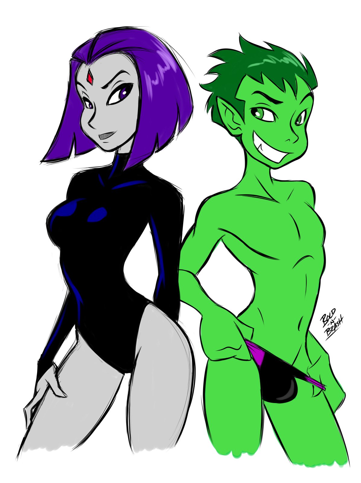 1boy 1girls beast_boy breasts couple darthguyford excited garfield_logan green_eyes green_hair green_skin looking_at_another looking_at_each_other looking_at_partner penis_under_clothes purple_eyes purple_hair rachel_roth raven_(dc) sexually_suggestive short_hair tagme teasing teen_titans thick_thighs thighs underwear_bulge undressing white_background