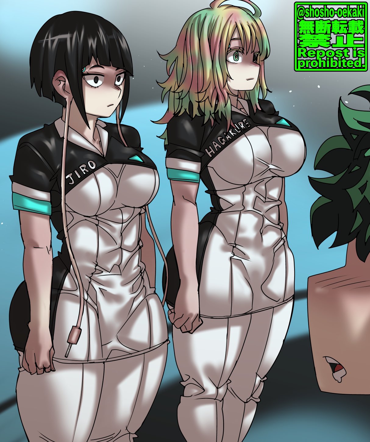 1boy 2girls android android_girl ass_visible_through_thighs big_breasts black_hair detroit:_become_human female green_eyes green_hair izuku_midoriya kyoka_jiro large_breasts male multicolored_hair multiple_girls my_hero_academia pink_hair shosho_oekaki thick_thighs thighs tooru_hagakure wide_hips