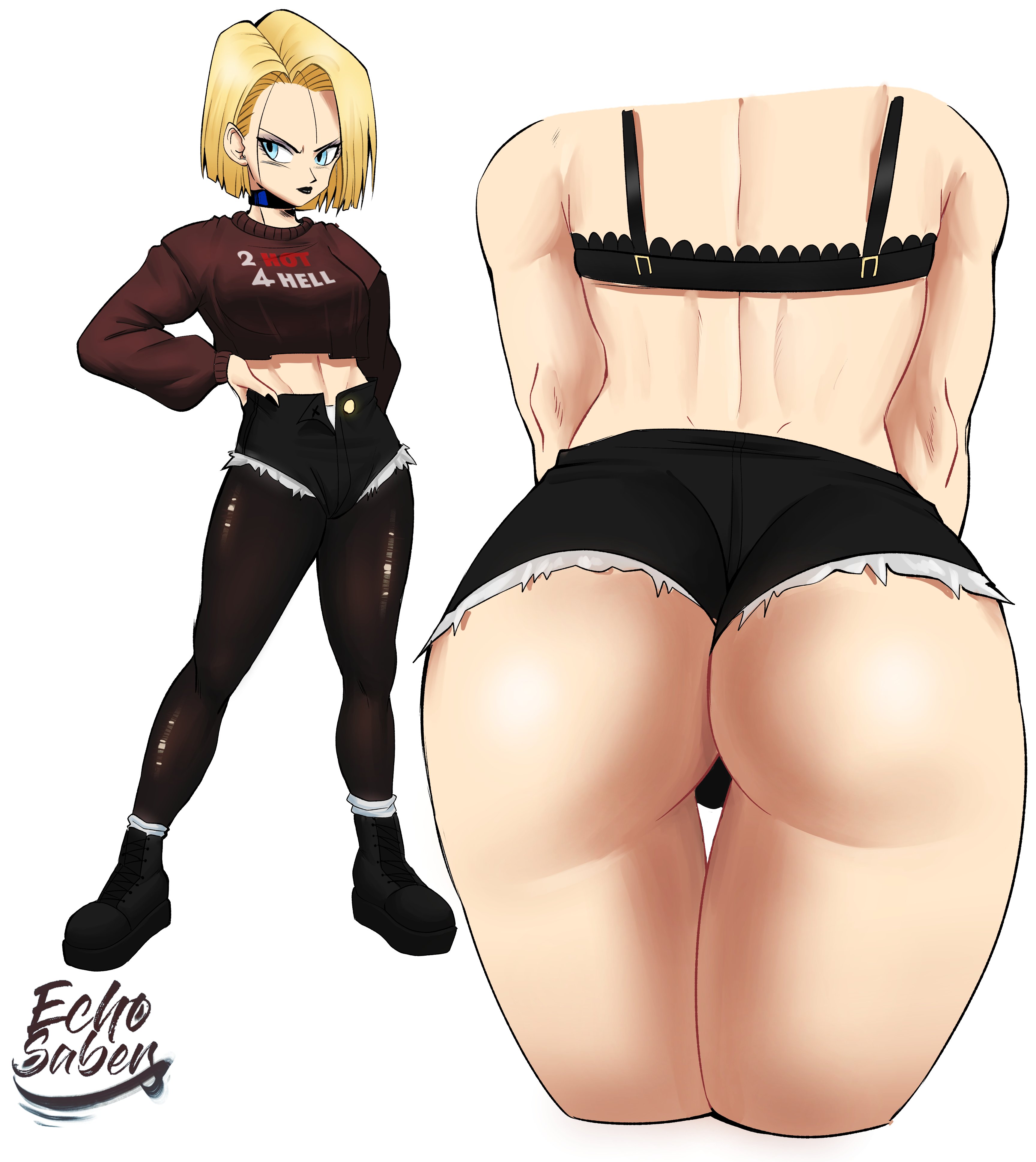 1girls, abs, android 18, ass, black bra, black lipstick, black nails, black shorts, blonde hair, blue eyes, bra, breasts, clothes writing, collar, denim, dragon ball, dragon ball z, echosaber, female, female only, goth, gothic, lipstick, makeup, midriff, open fly, panties, pantyhose, short shorts, shorts, shounen jump, solo, sweater, thick thighs, thigh gap, thighs, tight, toned, torn clothes, torn legwear, underwear
