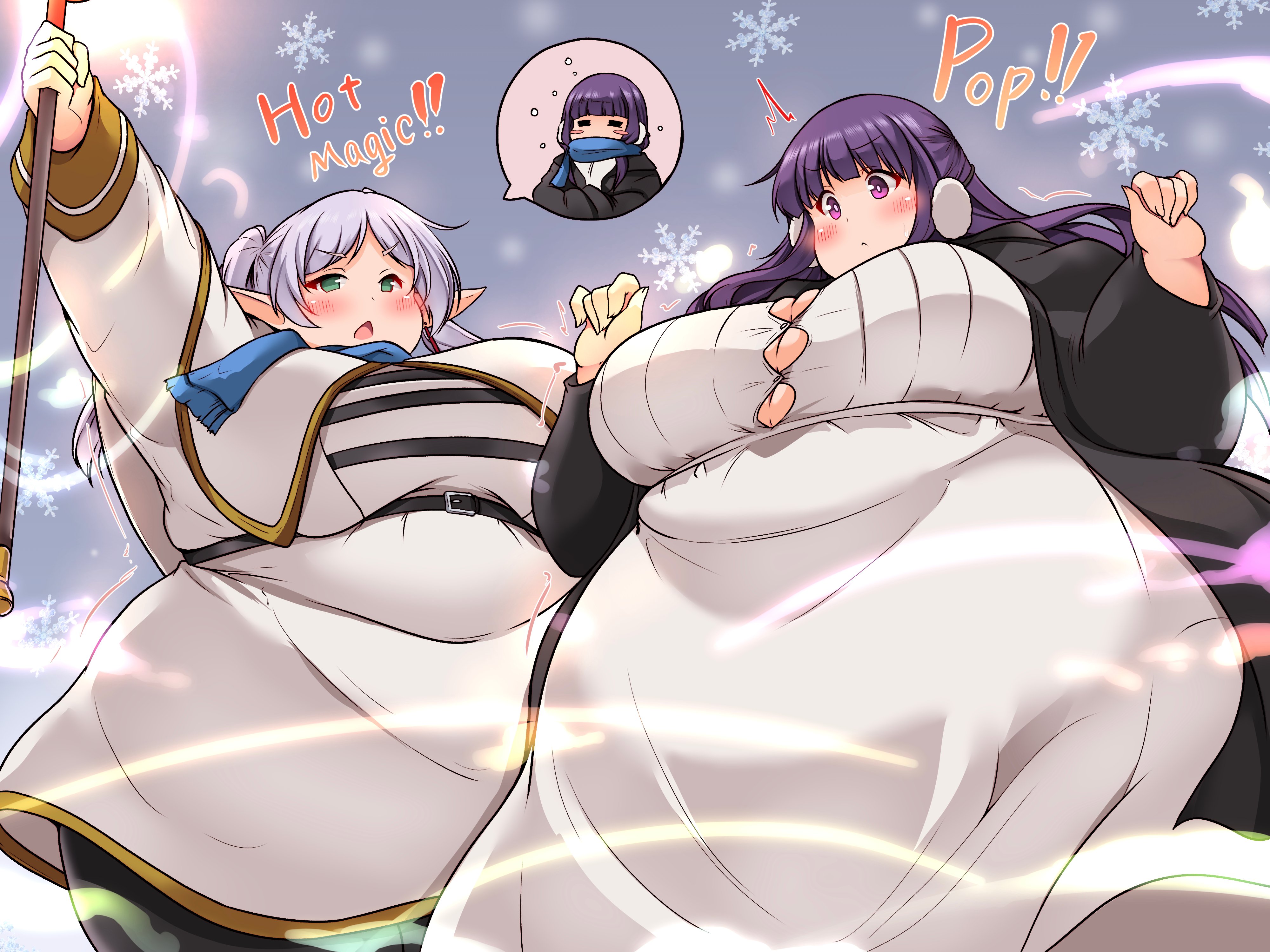 2girls, ass, bbw, belly overhang, big belly, big breasts, big female, blush, breasts, chubby, chubby female, embarrassed, fat, fat ass, fat female, fat fetish, fatty, female, fern (sousou no frieren), frieren, giantess, huge belly, kurocaze, large female, mini giantess, morbidly obese, morbidly obese female, obese, obese female, overweight, overweight female, plump, pork chop, ripped clothing, sousou no frieren, thick thighs, weight gain
