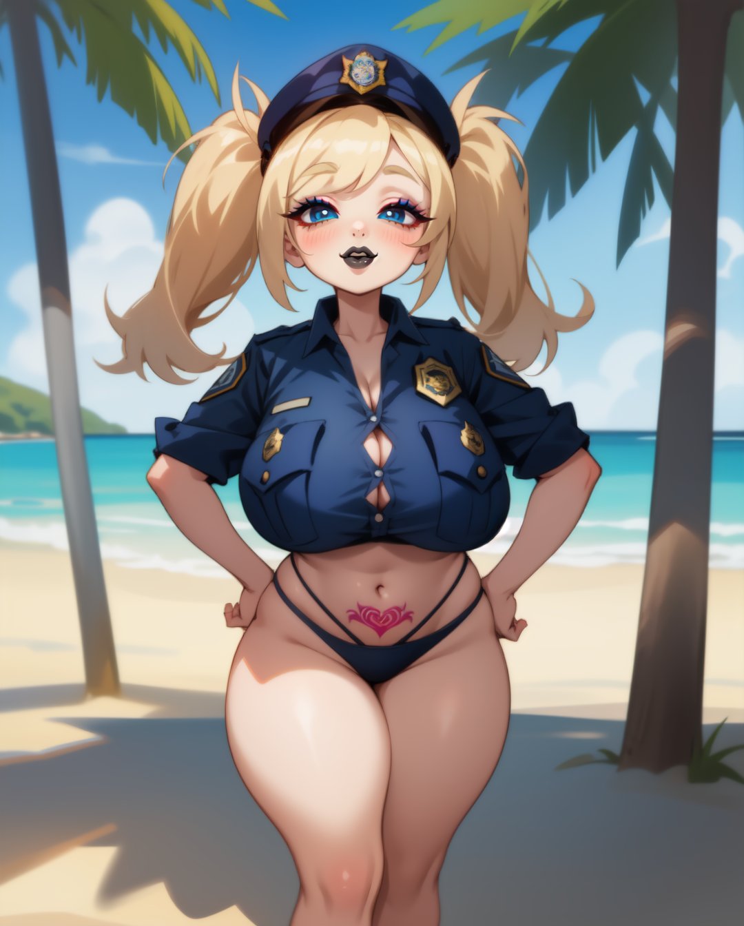 1girls, ai generated, beach, big breasts, black lipstick, blonde hair, breasts, cop, curvy, female, female only, hourglass figure, looking at viewer, makeup, navel, original, police, police hat, police uniform, policewoman, rocksolidart, seaside, solo, solo female, thick thighs, wide hips