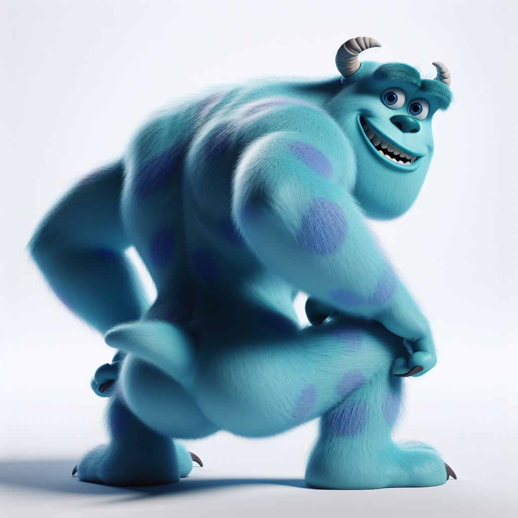 1:1 1boy ai_generated ass bing_image_creator blue_eyes blue_fur broly_culo disney fluffy fur gay horns looking_back male male_only meme monsters_inc pixar purple_spots self_upload simple_background spotted_fur squatting sulley tagme tail two_tone_fur white_background