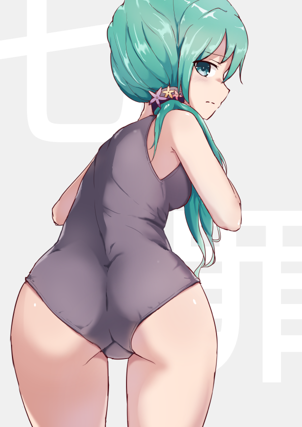 breasts clothing date_a_live female female_focus female_only flower_in_hair gray_clothing green_eyes green_hair kyouno_natsumi light-skinned_female looking_at_viewer looking_back medium_breasts medium_hair simple_background swimsuit thighs