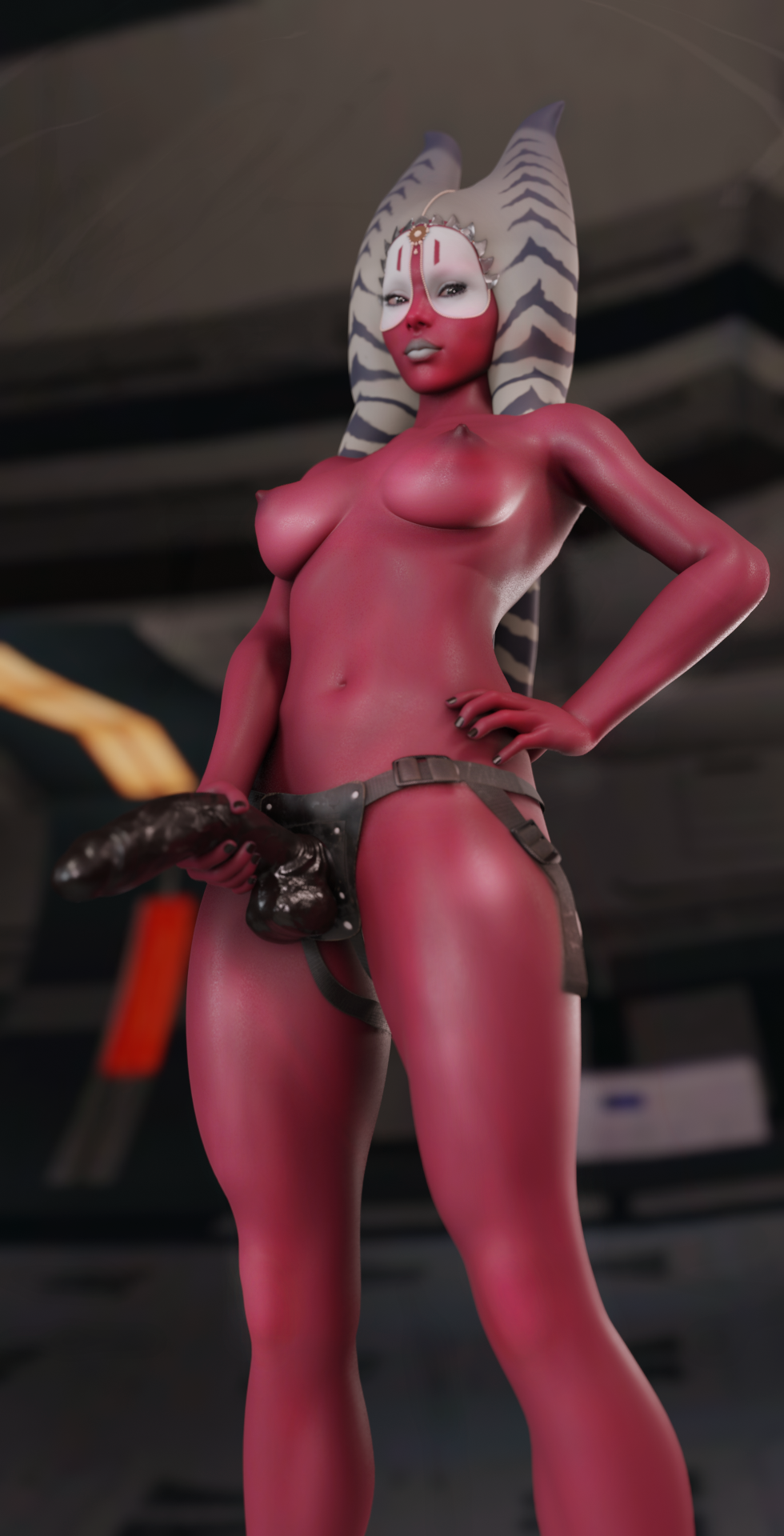 1girls 3d alien alien_girl alien_humanoid background blurry blurry_background breasts completely_nude dildo facial_markings female female_only front_view hand_on_hip horn lekku looking_at_viewer low-angle_view markings medium_breasts nude nude_female nudity perky_breasts perky_nipples pose red_body red_skin scorched3d sex_toy shaak_ti standing star_wars strap-on tentacle tentacle_hair togruta white_lipstick white_markings