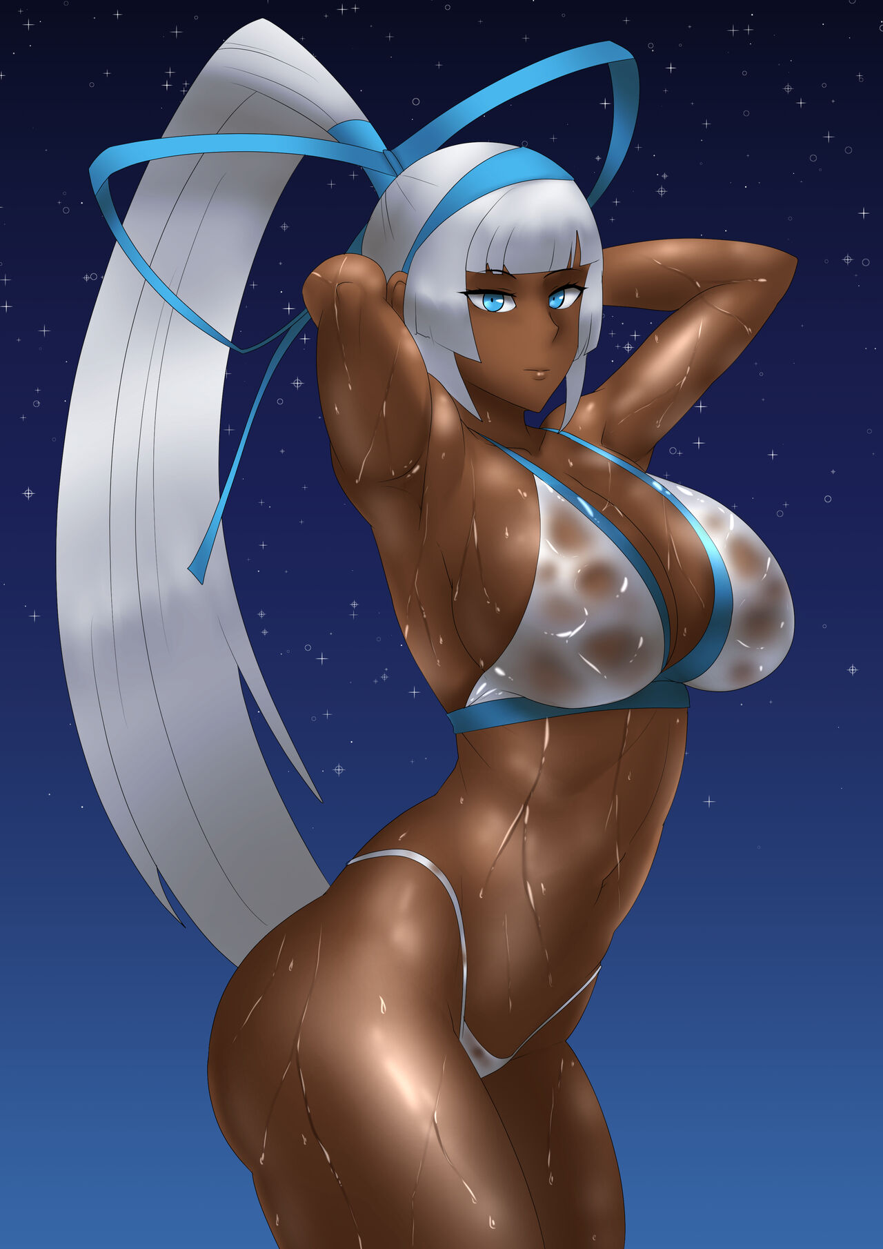 arms_up bra dark-skinned_female female female_focus majikina_mina night_sky panties ponytail samurai_shodown silver_hair snk usagiforehead wet_body