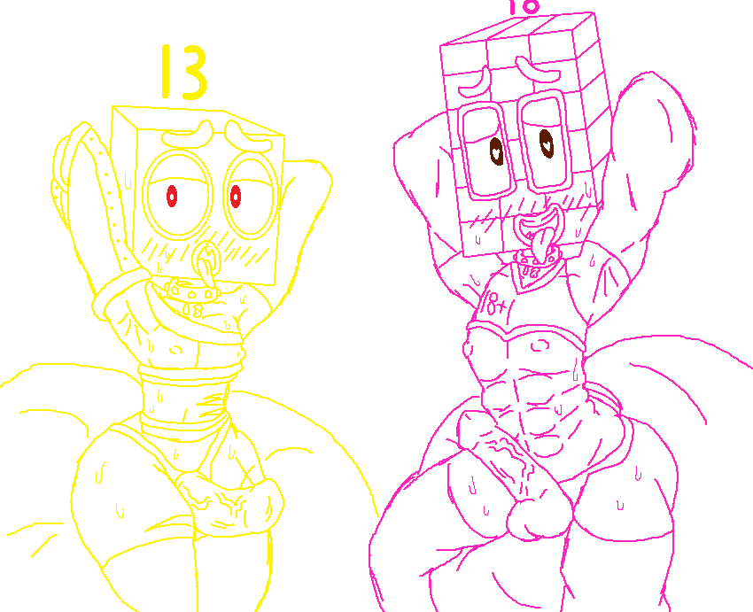 2boys abs anthro anthrofied armband clothed clothing collar duo eighteen_(numberblocks) femboy genitals hands_behind_head humanoid jazzzeh51 legwear looking_at_viewer looking_pleasured male muscular_male not_furry not_human number numberblocks penis prosthetic prosthetic_limb raised_clothing raised_shirt raised_topwear shirt sitting stockings thirteen_(numberblocks) tongue tongue_out topwear yaoi