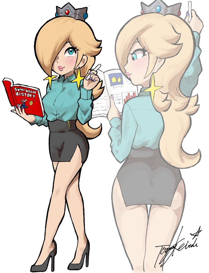 1girls 2d 2d_(artwork) ass_cleavage black_heels blonde_hair blue_eyes blush blushing_at_viewer chalk crown female_focus female_only hair_over_one_eye high_heels looking_at_viewer mario_(series) miniskirt nintendo office_lady painted_nails pencil_skirt princess_rosalina purple_nails slit_skirt star_earrings super_mario_galaxy teacher tucked_shirt very_long_hair yamino_ekakinin