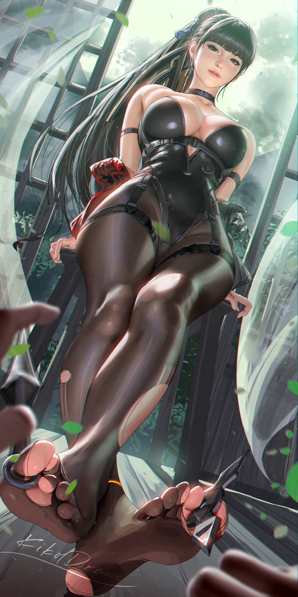 1other, between toes, black choker, black hair, black leotard, breasts, brown eyes, chair, choker, cleavage, curtains, eve (stellar blade), falling leaves, feet, female, foot focus, high ponytail, highres, large breasts, leaf, leotard, liang xing, lips, long hair, pantyhose, parted lips, ponytail, pov, pov hands, shuriken, sitting, solo, stellar blade, very long hair, weapon