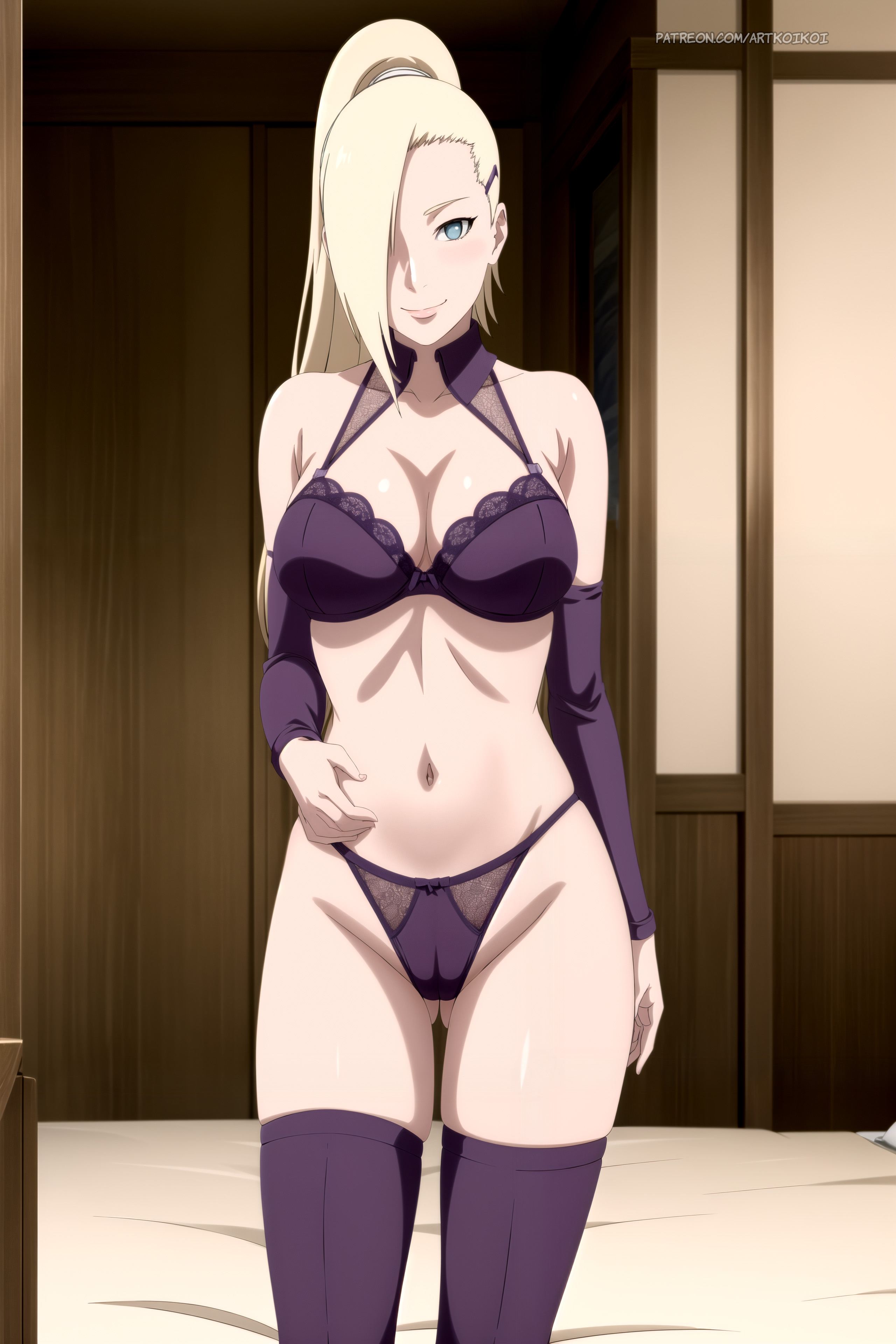 1girls, ai generated, big breasts, blonde hair, blue eyes, boruto: naruto next generations, bra, breasts, female, female only, hair over one eye, ino yamanaka, koikoi, legwear, light skin, light-skinned female, lingerie, long hair, looking at viewer, mature, mature female, milf, nai diffusion, naruto, naruto (series), pale skin, pale-skinned female, panties, ponytail, solo, solo focus, stable diffusion, stockings, thighhighs, tied hair, underwear, url, very long hair, voluptuous, voluptuous female, watermark, web address