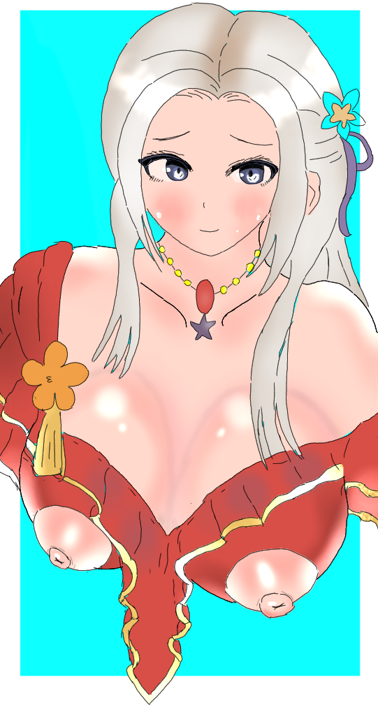 1girls alternate_costume baningu_bureivu bare_shoulders blush breasts collarbone cutout edelgard_von_hresvelg edelgard_von_hresvelg_(summer) female female_only fire_emblem fire_emblem:_three_houses fire_emblem_heroes grey_hair large_breasts long_hair looking_at_viewer necklace nintendo nippleless_clothes nipples official_alternate_costume one-piece_swimsuit red_one-piece_swimsuit red_swimsuit shoulders smile solo swimsuit torn_clothes upper_body