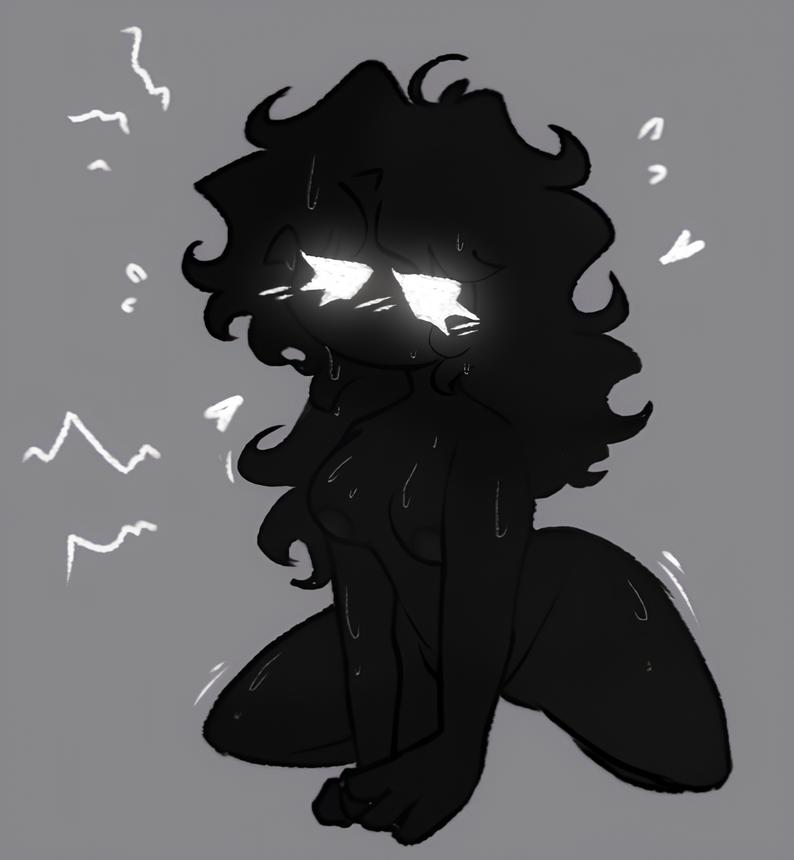 1girls, 2d, artist request, black body, black hair, blush, breasts, female, female only, glowing eyes, hair ribbon, heart, kneeling, looking at viewer, medium breasts, messy hair, murder drones, naked, nipples, nude, shadow, solo, sweat, tessa elliot, white eyes