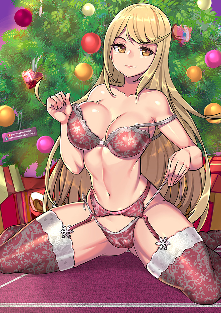 1girls, alternate costume, alternate version available, bangs, blonde hair, bra, breasts, cameltoe, christmas, cleavage, female, gem, gift, hair ornament, headpiece, jewelry, large breasts, lingerie, long hair, looking at viewer, mythra, navel, nintendo, pose, pussy, red lingerie, redjet, removing bra, shiny skin, sitting, solo, solo female, swept bangs, thighhighs, tiara, tree, underwear, xenoblade (series), xenoblade chronicles 2, yellow eyes