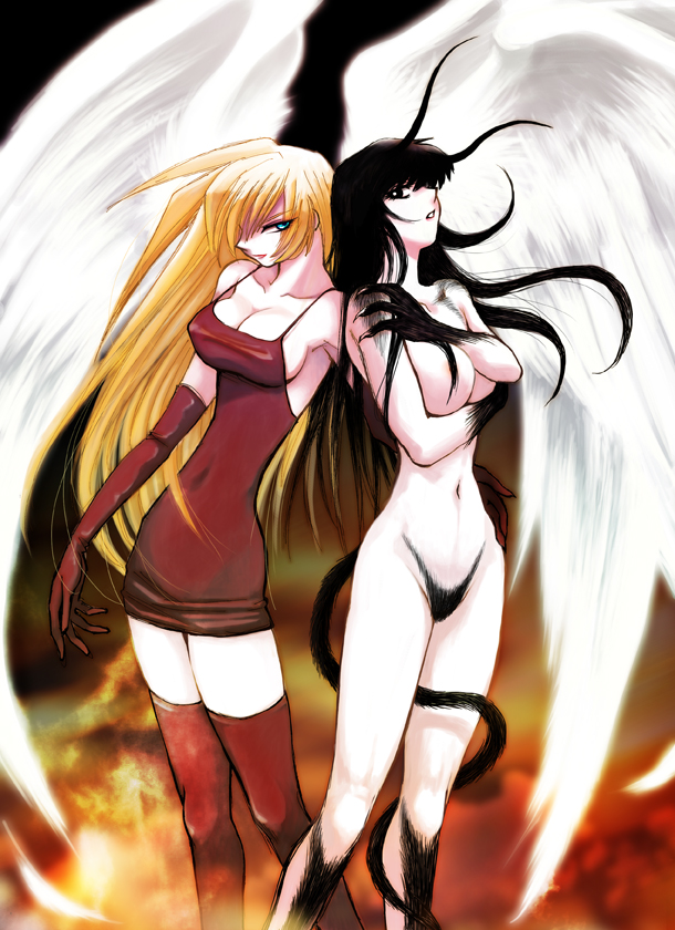 2009 2girls angel angel_and_devil angel_wings antennae black_eyes black_hair blonde_hair blue_eyes boots breasts claws cleavage curvaceous demon demon_girl demon_tail devilman devilman_lady dress duo female female_only fire gloves hand_on_another's_hip hisoka_m jun_fudo lan_asuka large_breasts lipstick long_gloves long_hair looking_at_viewer monster_girl multiple_girls navel nude nude_female pale-skinned_female pale_skin pubic_hair red_dress standing tail thigh_boots wings