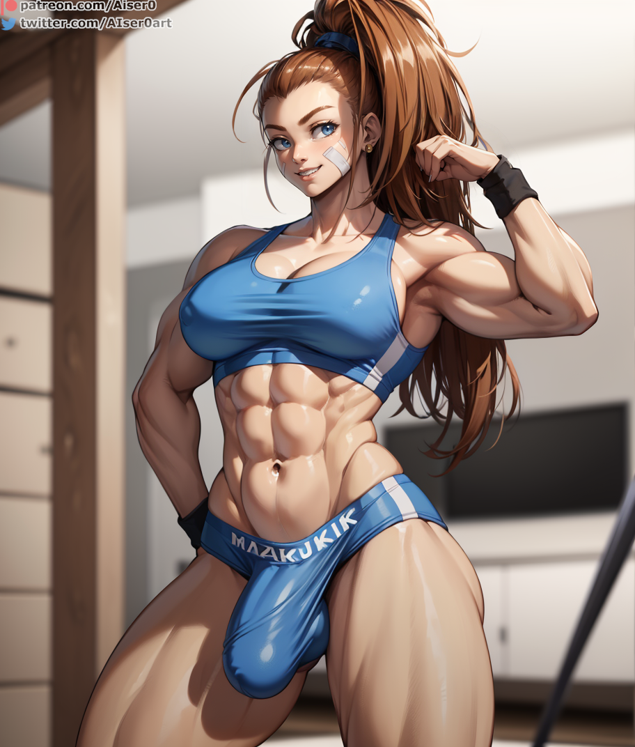 1futa abs ai_generated aiser0 biceps blue_eyes breasts brown_hair bulge captain_mizuki cleavage erection erection_under_clothes flexing futanari large_breasts long_hair muscular muscular_arms muscular_futanari muscular_thighs navel one-punch_man penis ponytail smile solo sports_bra sportswear standing thick_thighs thighs