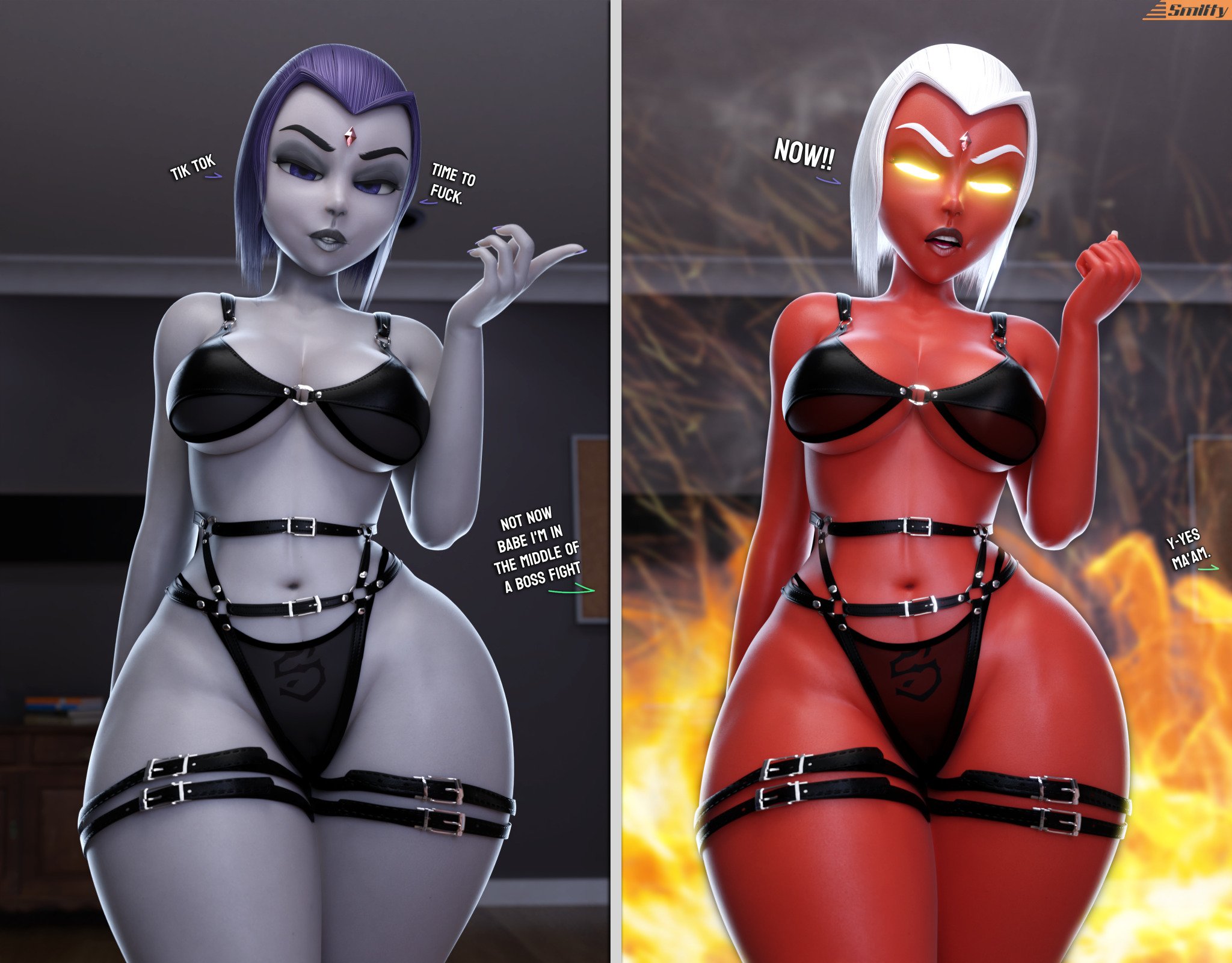 1boy, 1girls, 3d, ass, beast boy, breasts, chest, couple, curvaceous, curvy, curvy figure, dc, dc comics, demon, demon girl, female, forehead jewel, goth, goth girl, grey body, grey skin, grey-skinned female, half demon, hero, heroine, hips, hourglass figure, human, legs, light skin, light-skinned female, male, mature, mature female, pubic tattoo, purple hair, rachel roth, raven (dc), red body, red skin, red-skinned female, slim waist, smitty34, sorceress, superhero, superheroine, teen titans, thick, thick hips, thick legs, thick thighs, thighs, top heavy, voluptuous, waist, white hair, wide hips, wide thighs, yellow eyes