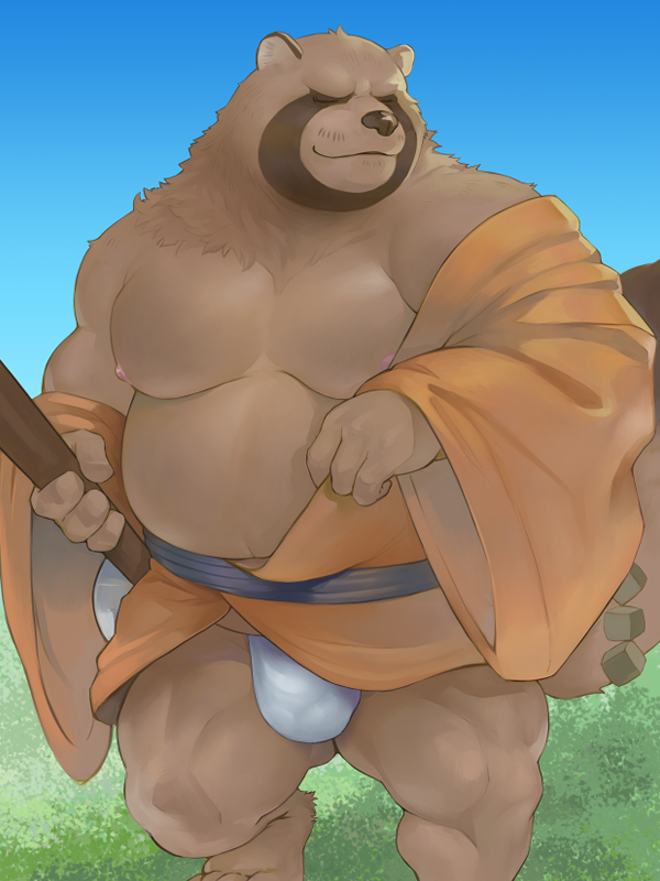 2023 anthro asian_clothing belly big_belly brown_body brown_fur bulge canid canine closed_eyes clothing dragon_quest east_asian_clothing fundoshi fur humanoid_hands japanese_clothing kemono male mammal moobs musclegut nipples outside overweight overweight_male raccoon_dog ronin_raccoon salz_sop solo square_enix tanuki underwear white_clothing white_fundoshi white_underwear