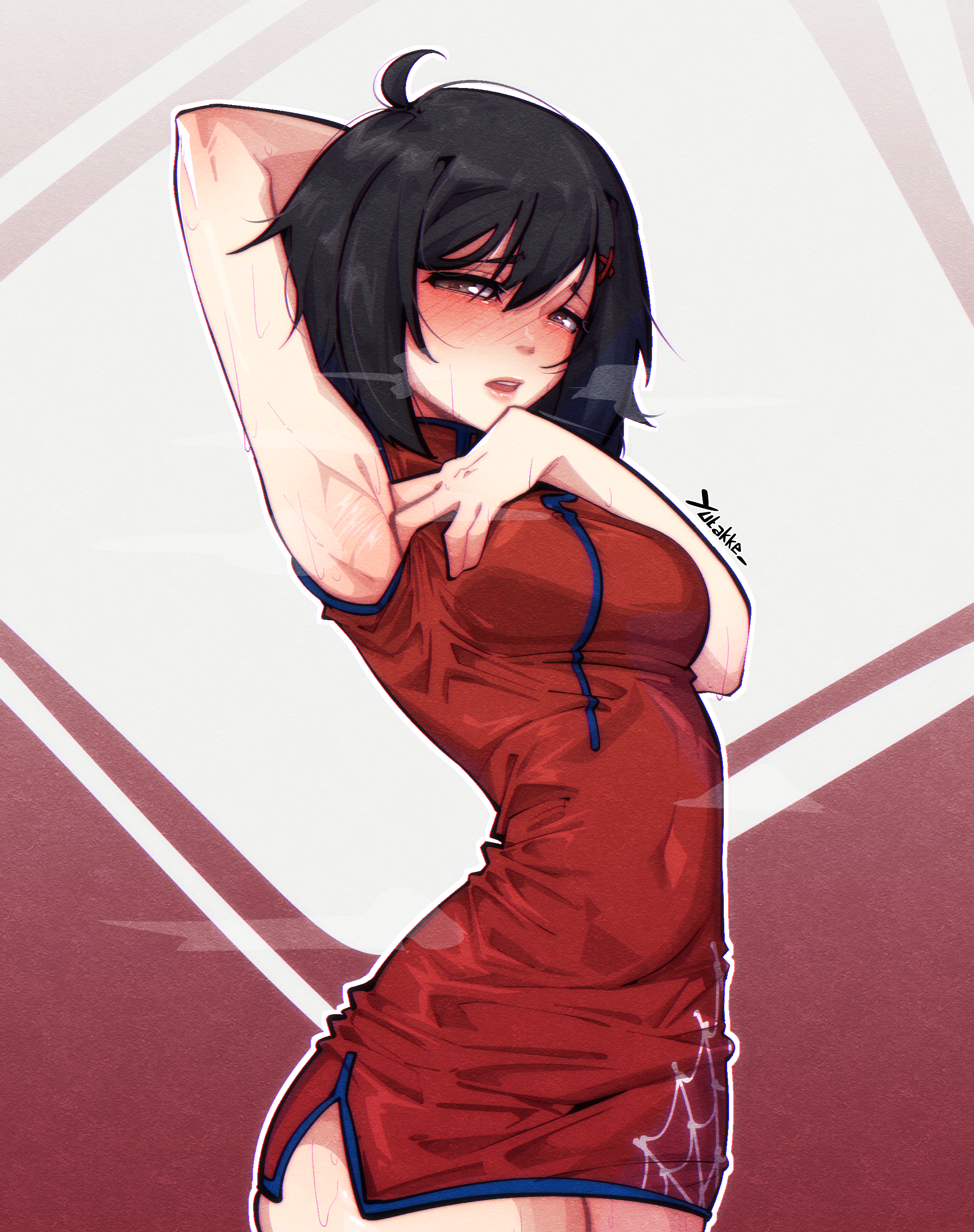 1girls, aged up, armpit fetish, armpits, asian, black hair, china dress, deep blush, female, female only, human, japanese, marvel, marvel comics, pale skin, peni parker, peni parker (earth-14512), red dress, sexy armpits, short hair, solo, spider-man (series), spider-man: across the spider-verse, spider-man: into the spider-verse, yutakke