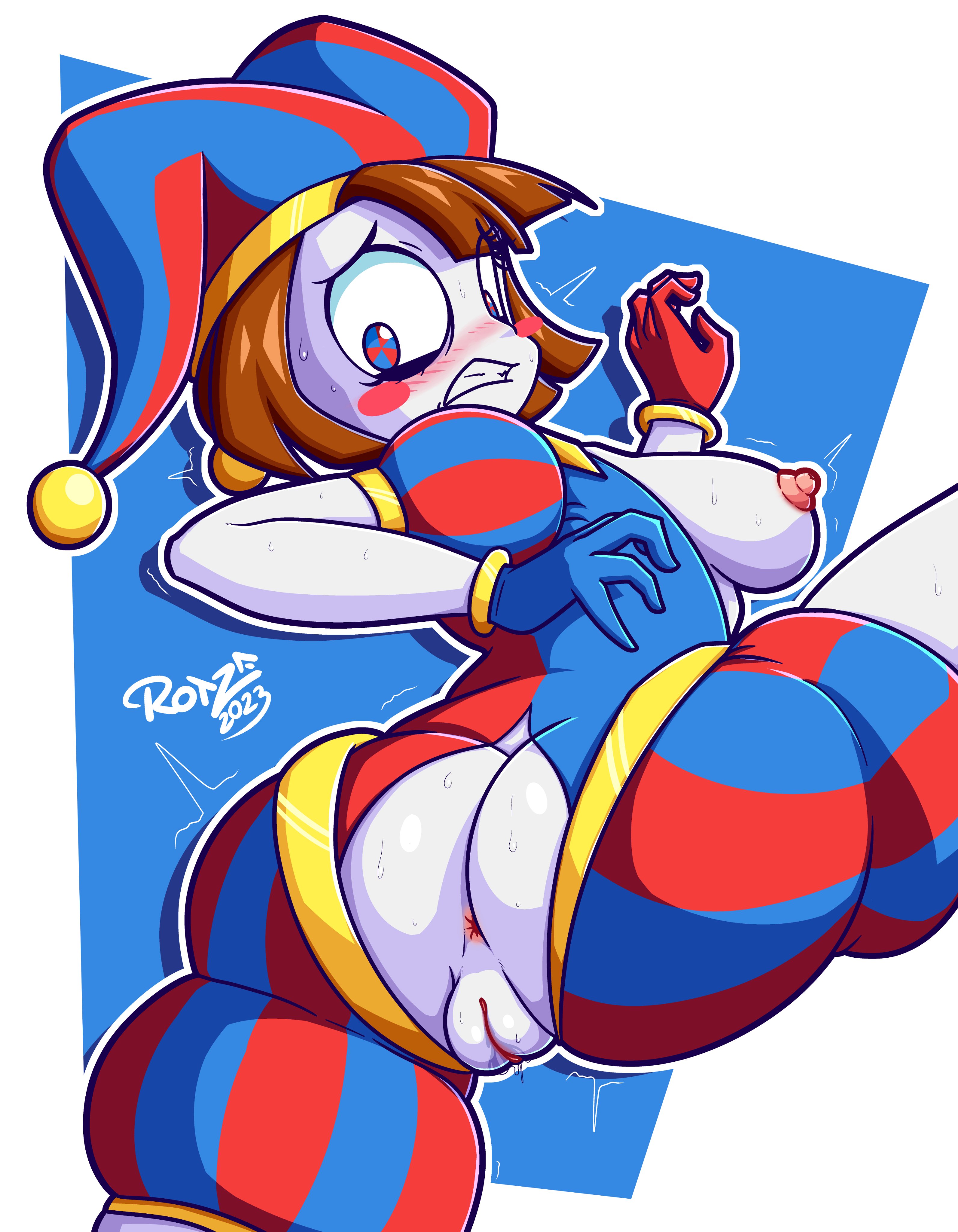 1girls, 2023, 2d, 2d (artwork), 2d artwork, anus, anus focus, ass, blue background, blue eyes, blush, breasts, brown hair, embarrassed, embarrassed nude female, enf, exposed breasts, exposed pussy, eyes, female, female only, glitch productions, gloves, hat, jester, jester cap, jester hat, jester outfit, light skin, light-skinned female, multicolored eyes, navel, nipples, nude, nude female, partially nude, pink nipples, pomni (the amazing digital circus), pussy, pussy focus, red eyes, ripped clothing, rotzedust, short hair, simple background, solo, solo female, the amazing digital circus, vagina, white body, white skin