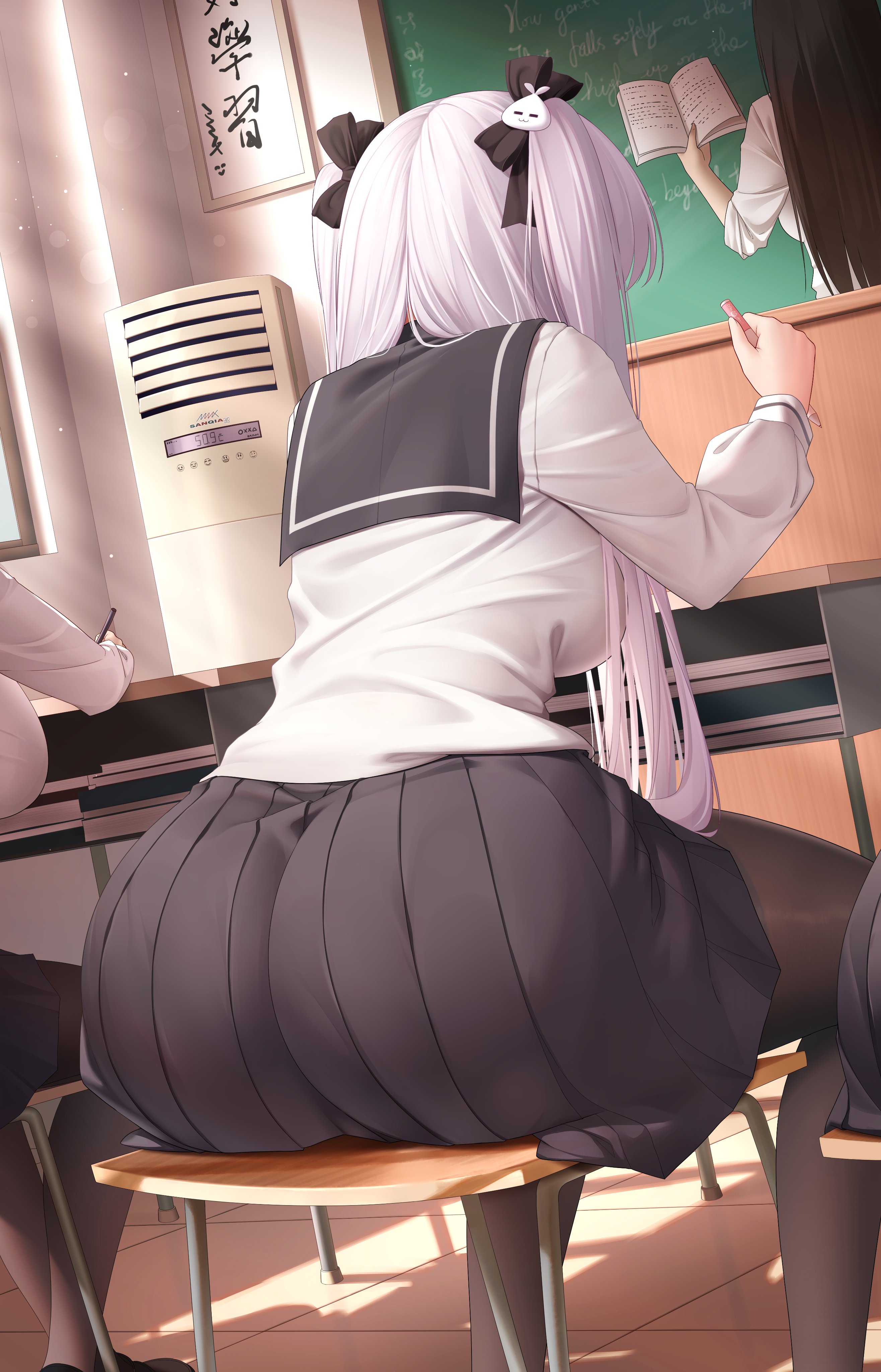 1girls, ass, breasts, female, hi res, huge ass, huge breasts, long hair, niliu chahui, original, original character, school uniform, schoolgirl, tokisaki mio, twintails, white hair