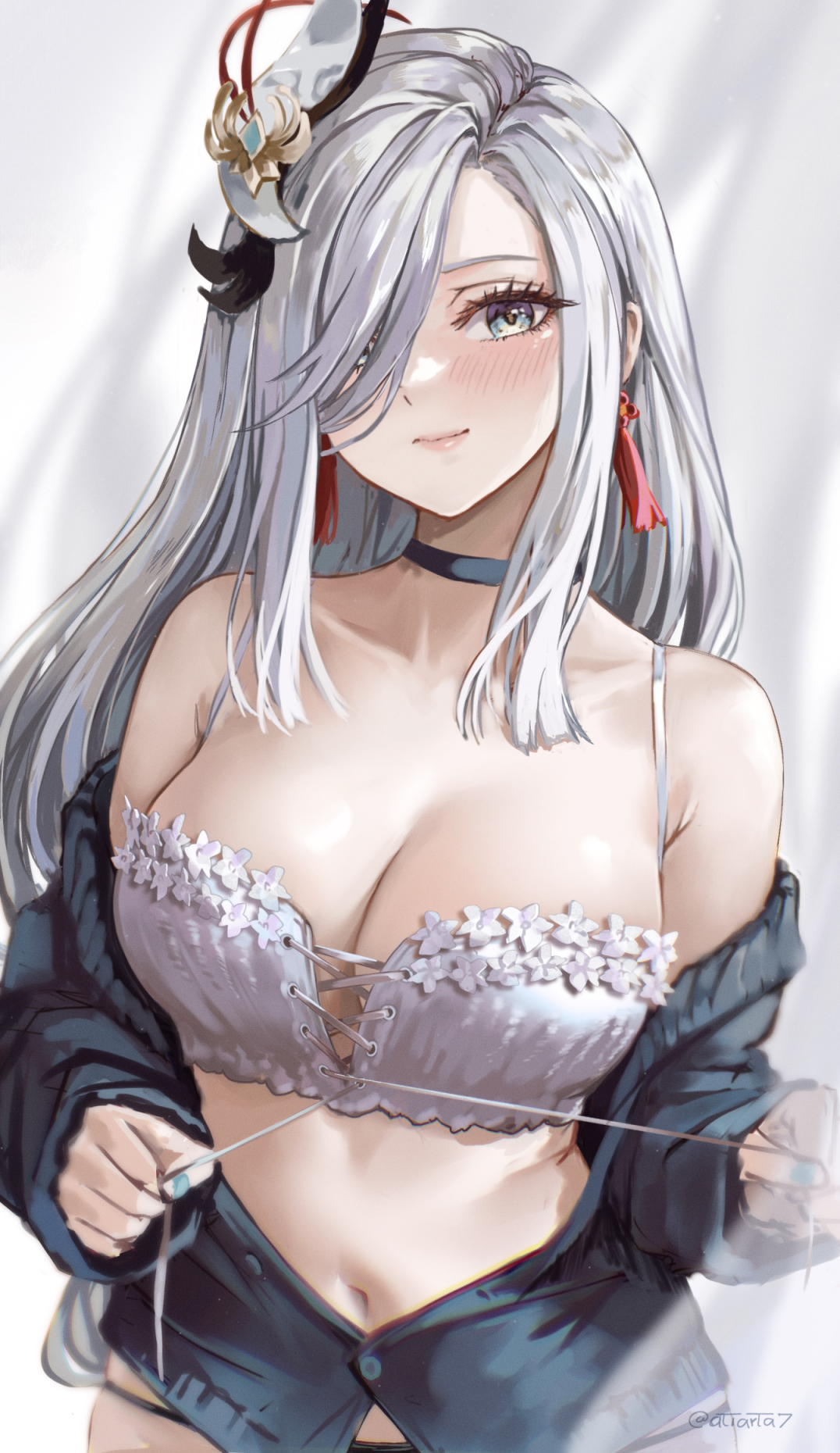 1girls, blue eyes, breasts, cleavage, clothing, female, female only, genshin impact, large breasts, looking at viewer, shenhe (genshin impact), smile, solo, white hair