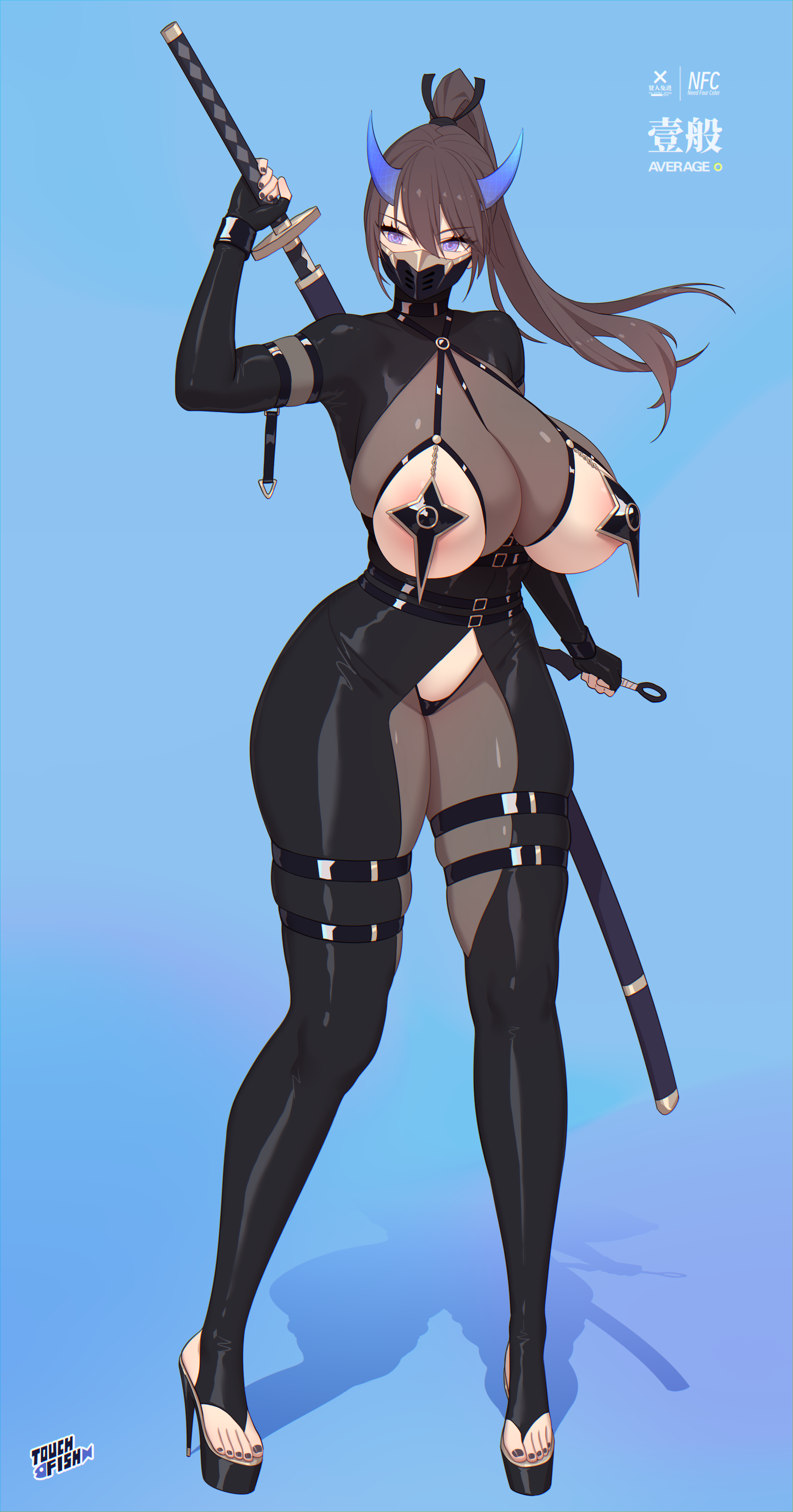 1girls, absurd res, big breasts, bikini, black nails, breasts, brown hair, female, harness, hi res, high heels, horns, huge breasts, katana, latex, latex gloves, mask, masked female, original, purple eyes, rekaerb maerd, revealing clothes, solo female, sword