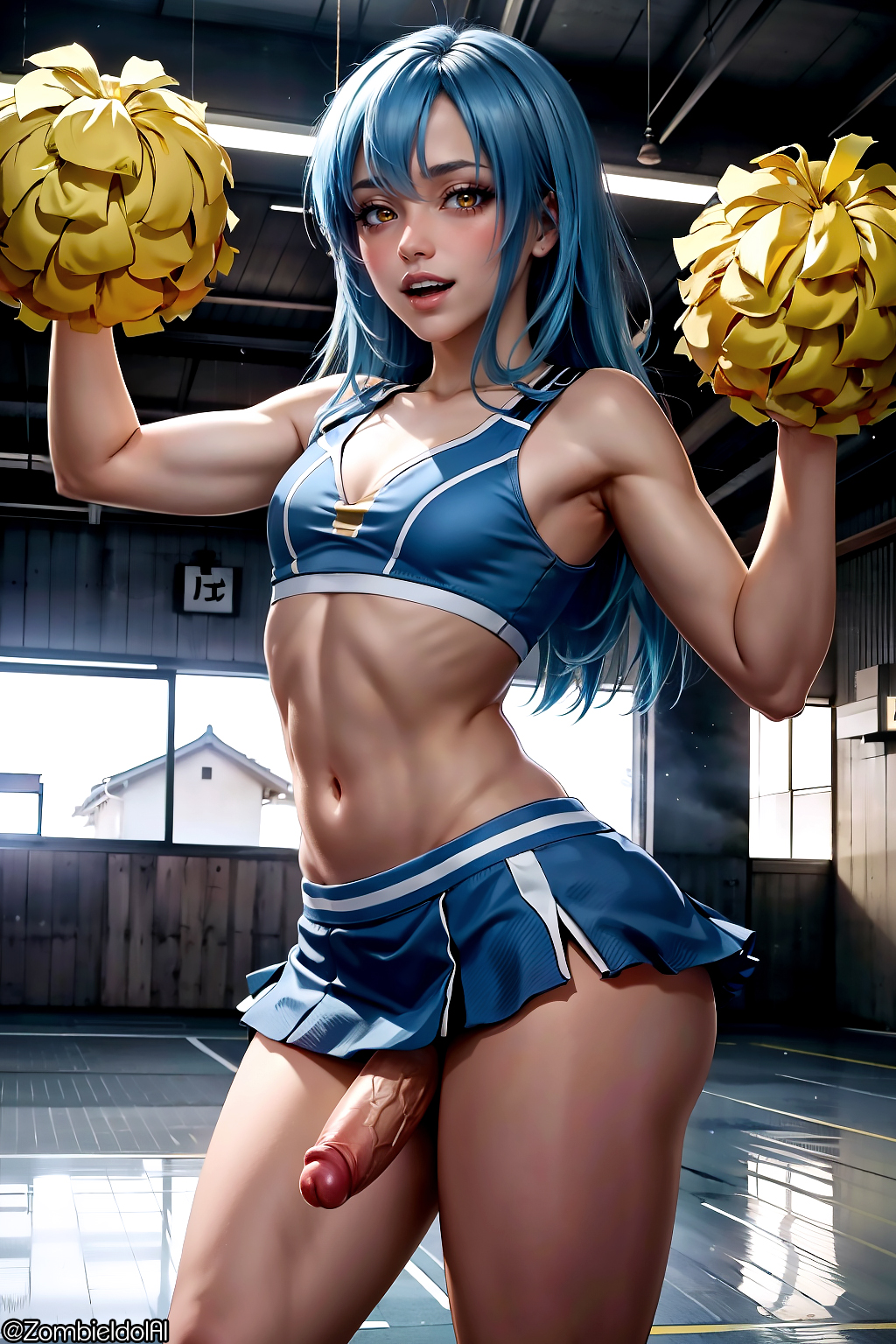 1boy ai_generated blue_hair cheerleader cheerleader_uniform crossdressing femboy long_hair miniskirt open_mouth penis penis_out pom_poms rimuru_tempest solo solo_femboy solo_focus solo_male tensei_shitara_slime_datta_ken that_time_i_got_reincarnated_as_a_slime thighs yellow_eyes zombieidolai