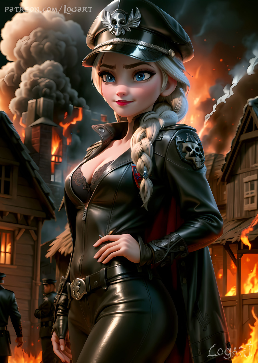 1girls, ai generated, big breasts, blue eyes, bra, breasts, celebrity, cleavage, clothing, detailed, disney, disney channel, disney princess, elsa (frozen), female, female only, frozen (film), frozen 2, high quality, hourglass figure, hyperrealistic, latex, leak, leaked, leather, leather jacket, logart, military uniform, nazi, sadistic female, seductive, sensitive, small breasts, smile, smiling, solo, stable diffusion, white hair, yandere