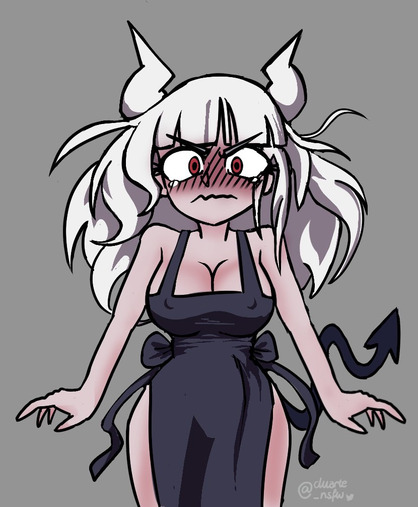 1girls, apron, blush, cleavage, demon, demon girl, duart, duarte nsfw, embarrassed, female, female only, flustered, grey background, helltaker, horns, looking at viewer, lucifer (helltaker), naked apron, nipples visible through clothing, red eyes, simple background, white hair