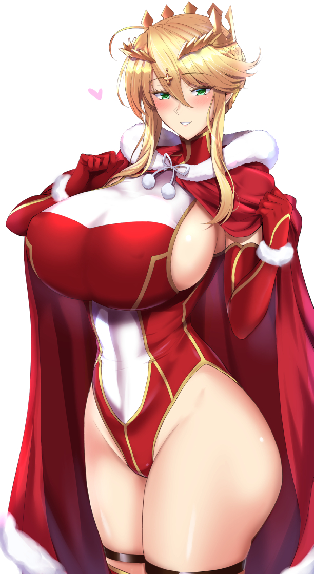 1girls artoria_pendragon artoria_pendragon_(lancer) big_breasts blonde_hair blush cape christmas christmas_outfit fate/grand_order fate_(series) french_braid garter_straps green_eyes heart huge_breasts kneehighs kumakichi_(cost-lost) large_ass large_breasts leotard mature_female nipple_bulge smile thick_thighs voluptuous