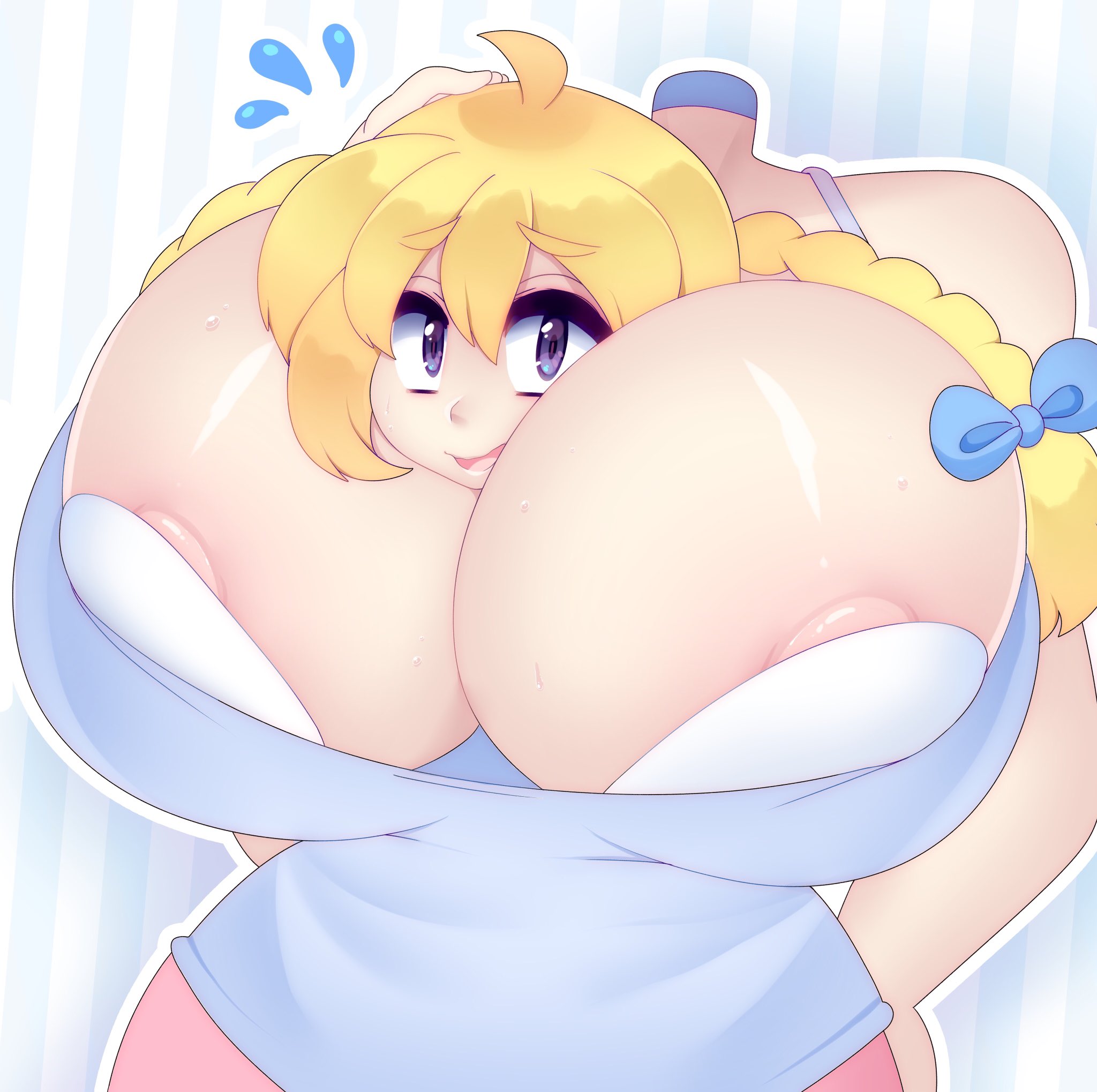 blonde hair, breasts, cassie (theycallhimcake), dullahan, female, huge breasts, hyper, hyper breasts, nipple slip, nipples, raikissu