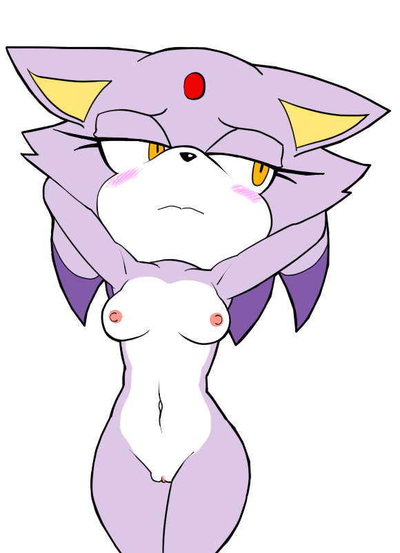 anthro, blaze the cat, blush, breasts, domestic cat, ears down, embarrassed nude exposure, felid, feline, felis, female, fixink, genitals, mammal, nipples, nude, pussy, sega, solo, sonic (series), video games