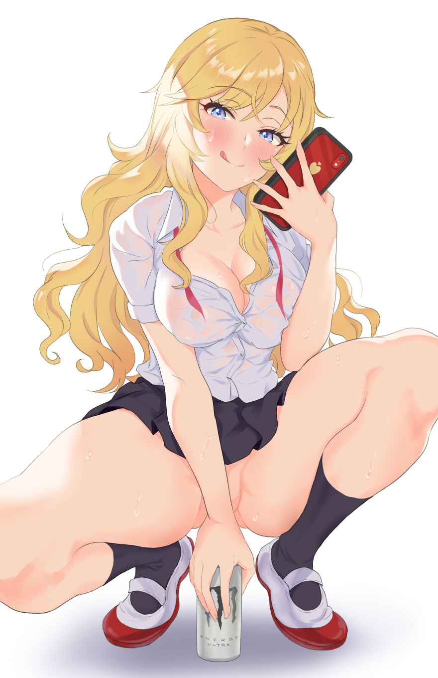 :q black_skirt blonde_hair blue_eyes blush breasts can cellphone cleavage clothing collarbone energy_drink eyebrows_visible_through_hair female female_only genmon gyaru highres holding holding_phone idolmaster idolmaster_cinderella_girls kogal large_breasts long_hair looking_at_viewer miniskirt monster_energy monster_energy_drink no_panties ootsuki_yui phone shirt shoes short_sleeves simple_background skirt socks solo solo_female squatting sweat thick_thighs thighs tongue tongue_out uwabaki wet wet_clothes wet_shirt white_background white_footwear white_shirt