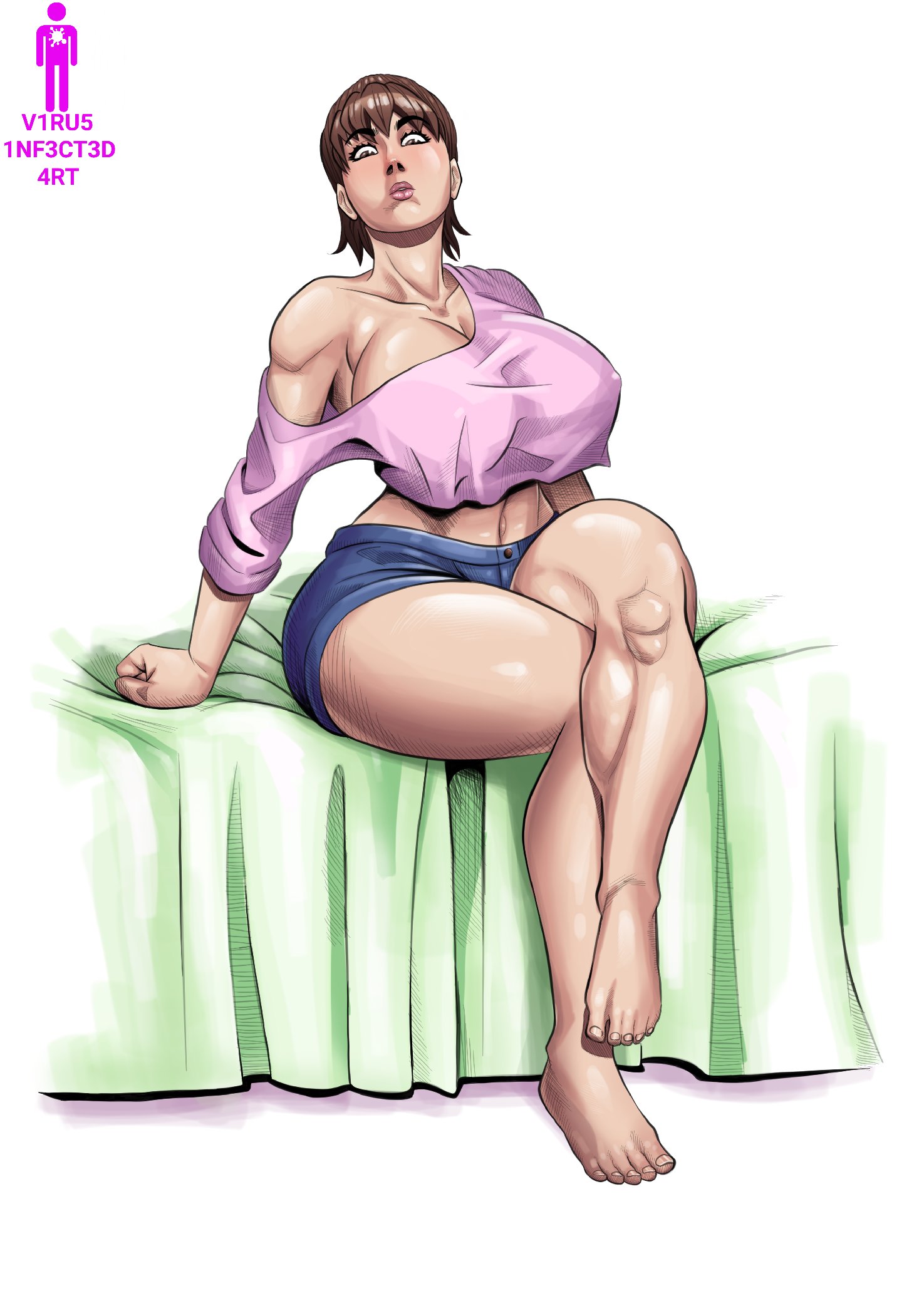 2021, bare midriff, bare shoulders, barefoot, big breasts, breasts, brown hair, busty, crop top, erect nipples, female, female focus, female only, friday the 13th, friday the 13th: the game, full body, hourglass figure, large breasts, lipstick, navel, nipple bulge, nipples, pinup, pinup pose, pose, posing, short shorts, solo, thick thighs, tiffany cox, virus infected art, wide hips