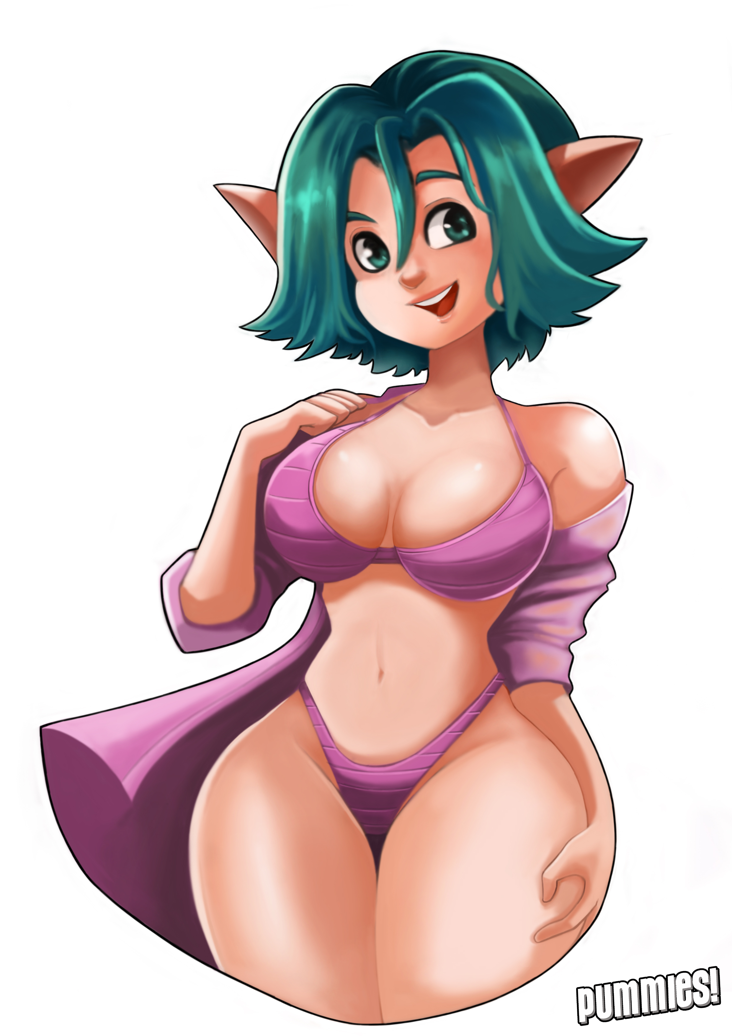 1girls, bangs, belly button, big breasts, big ears, bikini, bikini bottom, bikini top, breasts, clothed, clothes, clothing, curvaceous, curvy, curvy figure, cute, female, female focus, female only, fit, fit female, green eyes, green hair, hand on thigh, hips, hourglass figure, jak and daxter, keira hagai, lips, long ears, looking at viewer, medium hair, navel, open mouth, open smile, pinup, plain background, pose, pummies, purple bikini, purple bikini bottom, purple bikini top, purple swimsuit, shirt, smiling, smiling at viewer, solo, solo female, solo focus, swimsuit, tease, teasing, thick, thick thighs, thighs, tight clothing, tomboy, toned, toned female, video games, voluptuous, wide hips