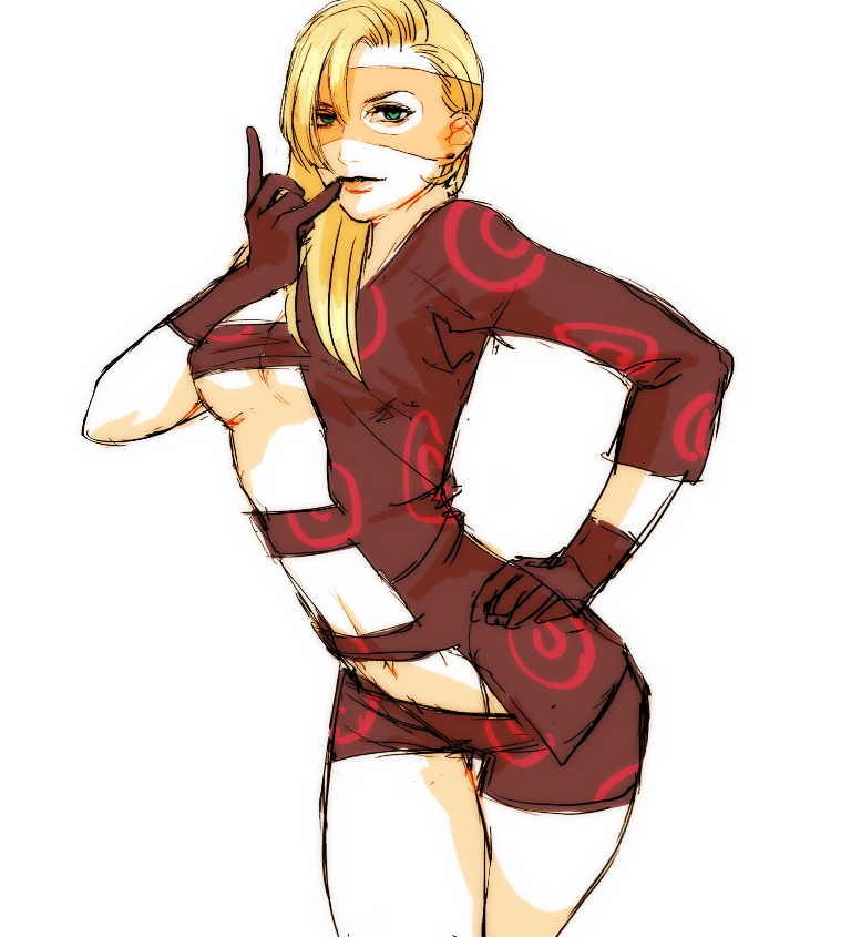 1girls blonde_hair booty_shorts clothed earrings female_only hand_on_hip jojo's_bizarre_adventure mask melone midriff nipples_visible_through_clothing posing rule_63 short_shorts skimpy smirk solo_female vento_aureo