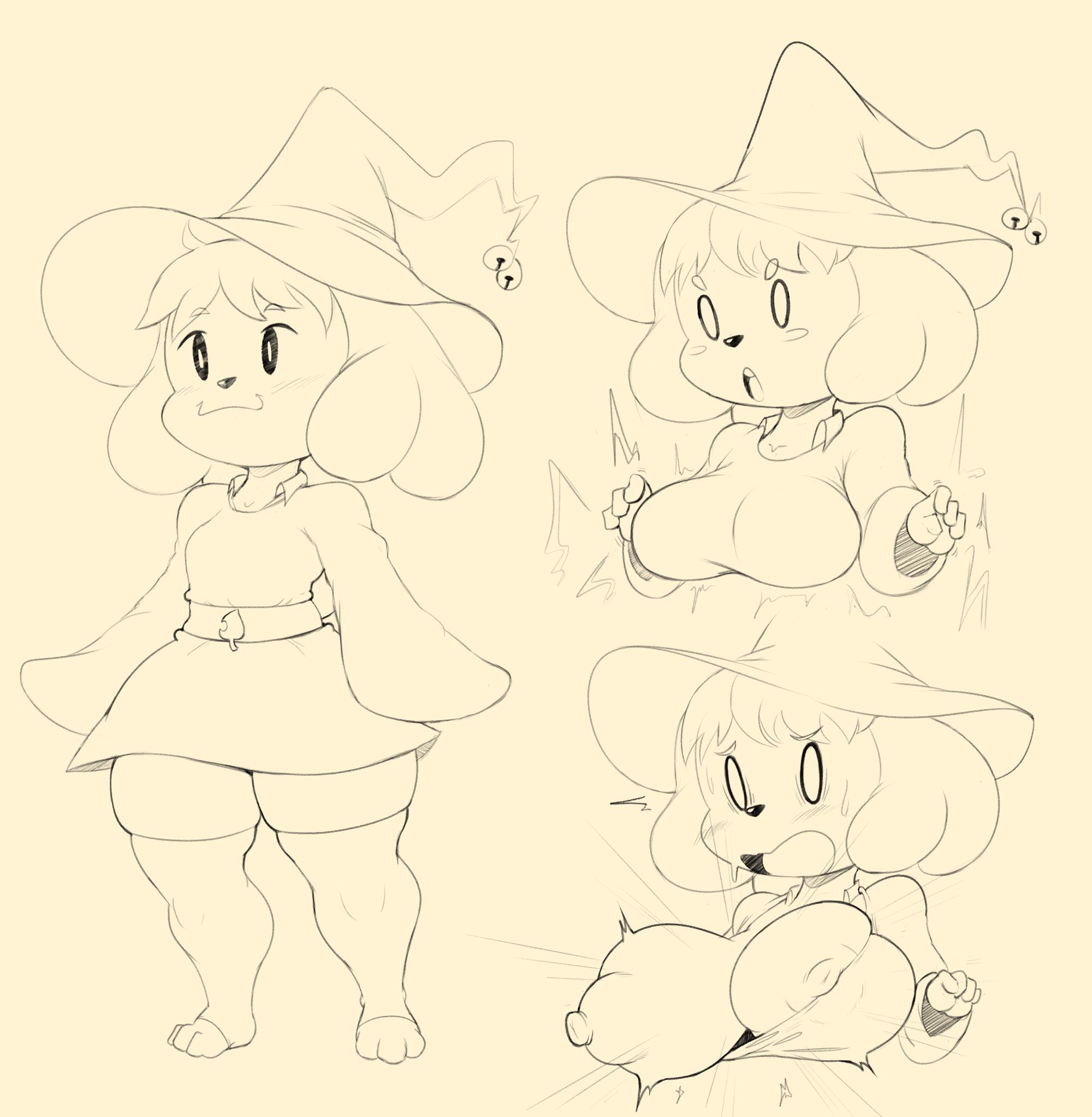 1girls, alone, animal crossing, anthro, areola, areolae, big areola, big areolae, big breasts, big nipples, breasts, canid, canine, cleavage, dress, erect nipples, female, huge breasts, isabelle (animal crossing), monochrome, nintendo, nip slip, nipple slip, nipples, purple yoshi draws, shortstack, sketch, skindentation, solo, source request, witch, witch hat, year request