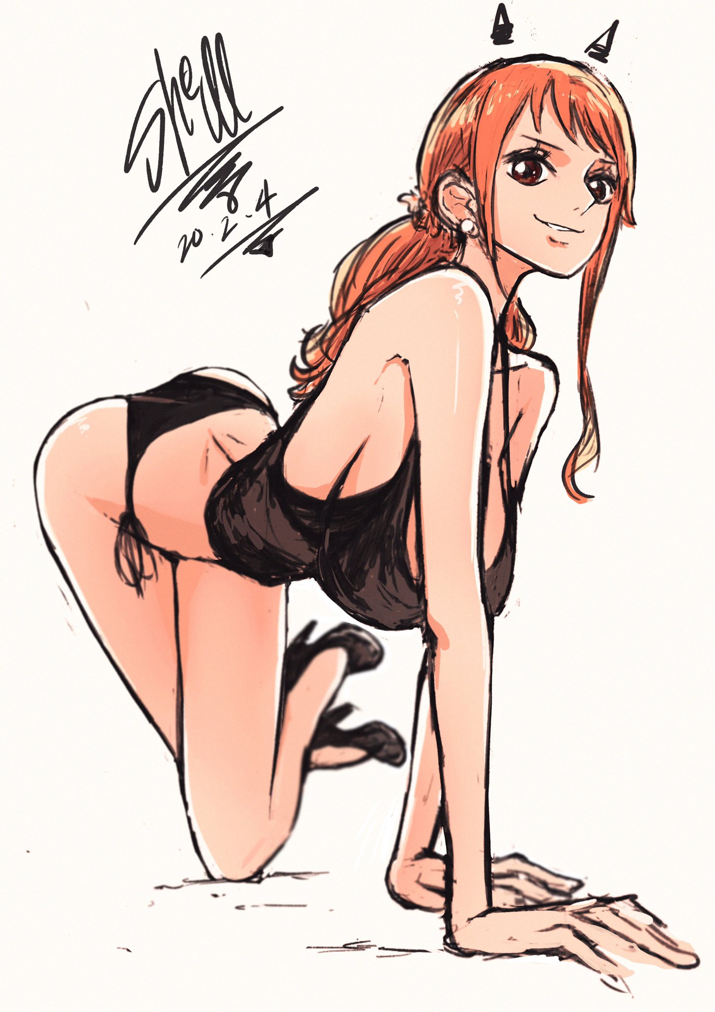 1girls, big breasts, breasts, female, female only, high heels, lingerie, nami (one piece), on all fours, one piece, orange hair, orange-haired female, shellmaru