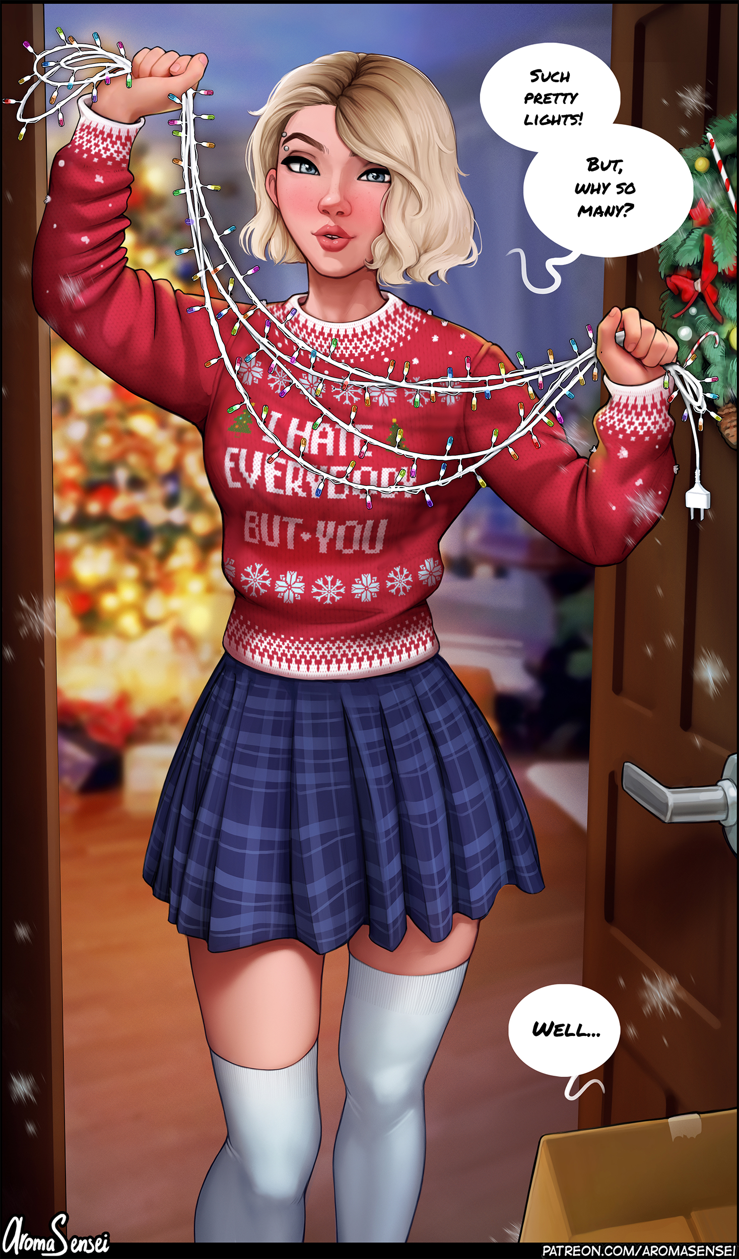1girls, aroma sensei, blonde female, blonde hair, christmas, christmas lights, clothed, clothed female, clothing, english dialogue, english text, eyebrow piercing, female, female only, grey eyes, gwen stacy, looking at viewer, male, male pov, marvel, marvel comics, piercing, skirt, solo, speech bubble, spider-gwen, spider-man (series), spider-man: into the spider-verse, stockings, sweater, text