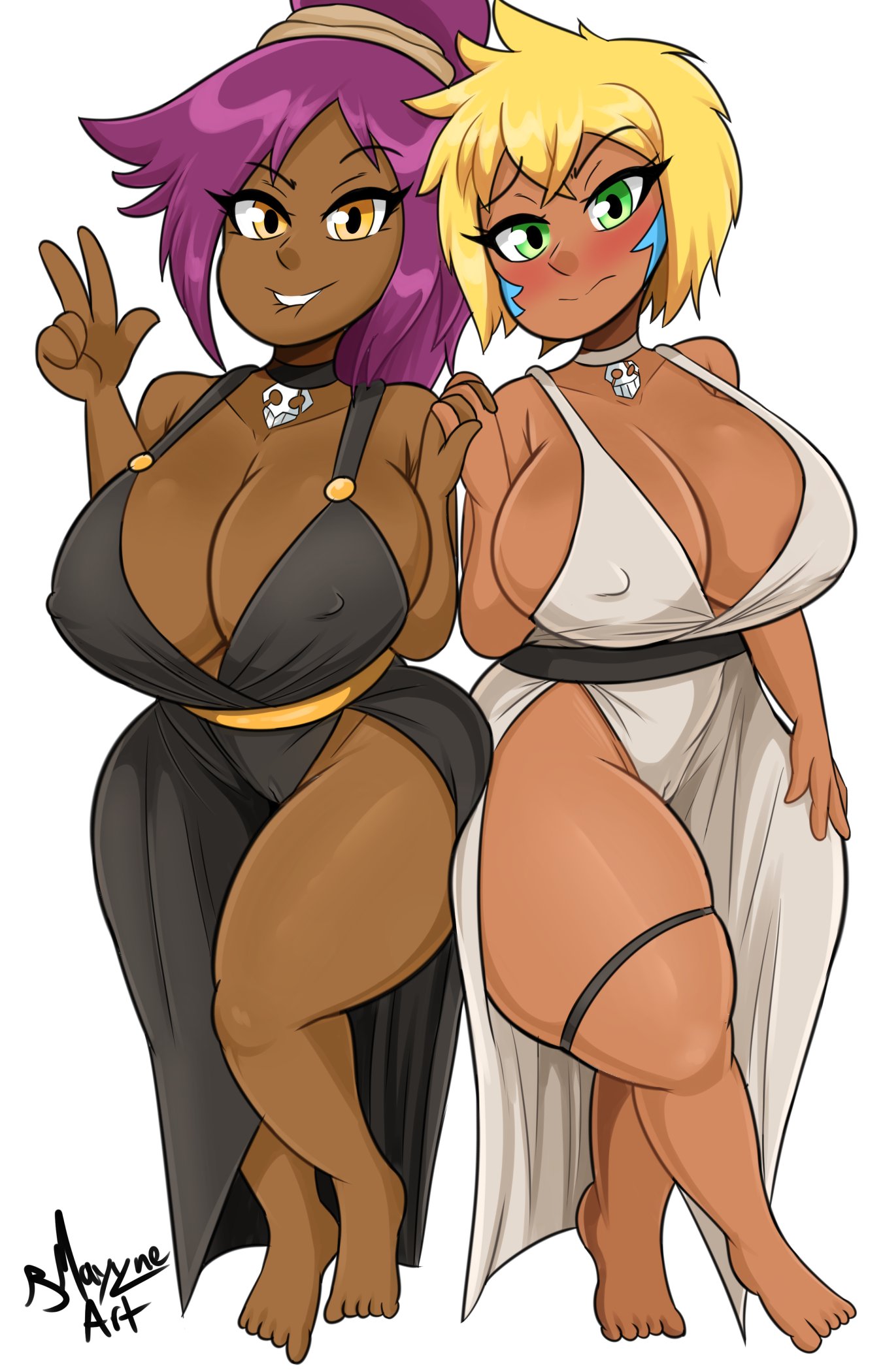 2girls, barefoot, big breasts, biting lip, black dress, bleach, blush, bmayneart, breasts, cameltoe, choker, cleavage, clothed, clothing, curvy, dark skin, dark-skinned female, dress, erect nipples under clothes, female, female only, flustered, front view, full body, full cleavage, gesture, green eyes, huge breasts, large breasts, long dress, looking at viewer, nipple bulge, peace sign, purple hair, pussy, shihouin yoruichi, shortstack, side slit, skindentation, thick thighs, thigh strap, tia harribel, toony, v, white background, white dress, wide hips, yellow eyes