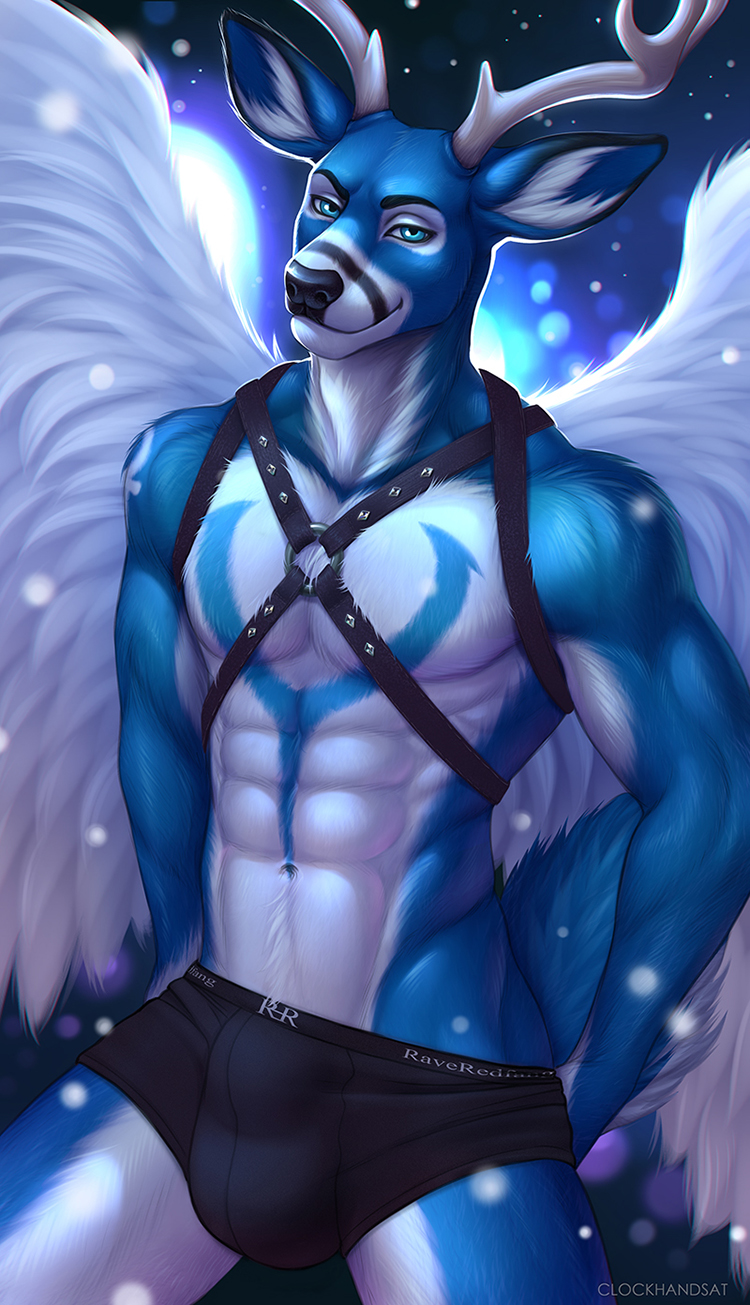 abs anthro antlers balls_outline big_bulge black_clothing black_markings black_underwear blue_body blue_eyes blue_fur blue_markings briefs bulge cervid clockhands clothing fur genital_outline harness hi_res horn looking_at_viewer male mammal markings mostly_nude muscular muscular_anthro muscular_male pecs rave_redfang solo standing underwear white_body white_fur wings