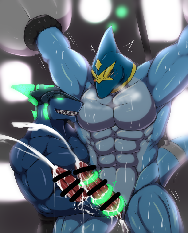 abs anthro biceps bodily_fluids bound censored cum diphallia diphallism duo ejaculation evil_grin fish genital_fluids genitals male male_only marine mask multi_genitalia multi_penis muscular muscular_anthro muscular_male pecs penis restrained ryuukikeito shark smile steel_shark_(character) struggling submissive submissive_male superhero teeth todex_(character)