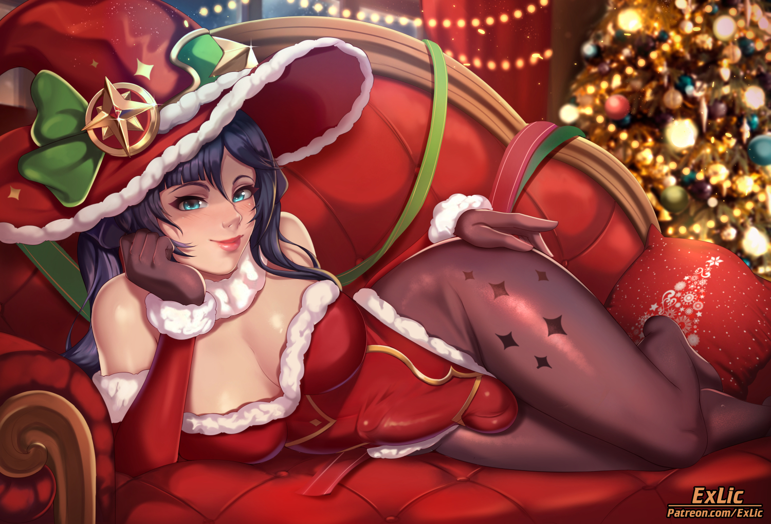 1futa, balls, breasts, bulge, christmas, cleavage, dickgirl, erection, erection under clothes, exlic, futa only, futanari, genshin impact, intersex, large breasts, looking at viewer, mona (genshin impact), penis, penis under clothes, solo, testicles, thick thighs, wide hips