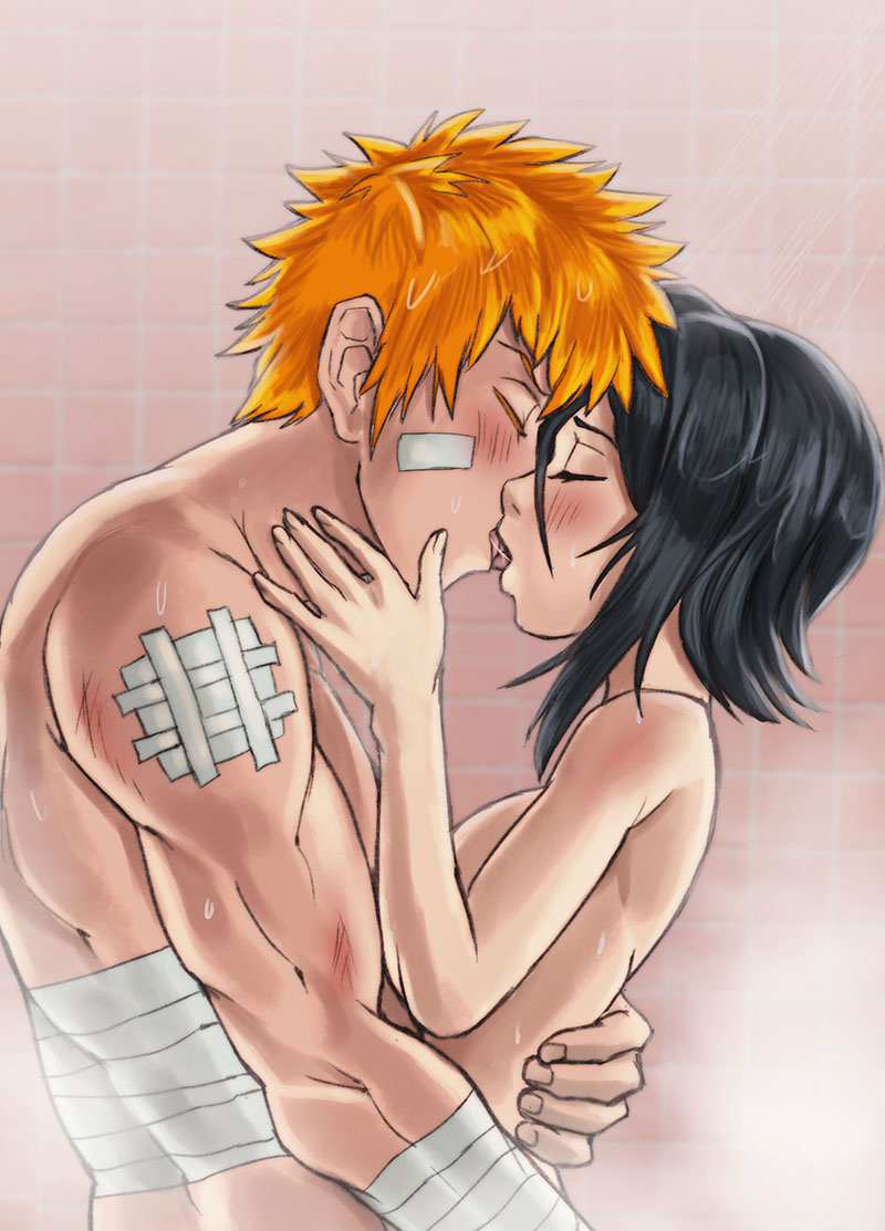 1boy 1boy1girl 1girls bandages black_hair bleach blush breasts closed_eyes completely_nude embrace female gauze height_difference ichigo_kurosaki kissing kuchiki_rukia larger_male light-skinned_female light-skinned_male light_skin long_hair male male/female male_with_female muscles muscular_male naked orange_hair passionate petite rammionn romantic romantic_couple short_hair shower sideboob size_difference smaller_female steam straight waterfall wet wet_body wet_skin